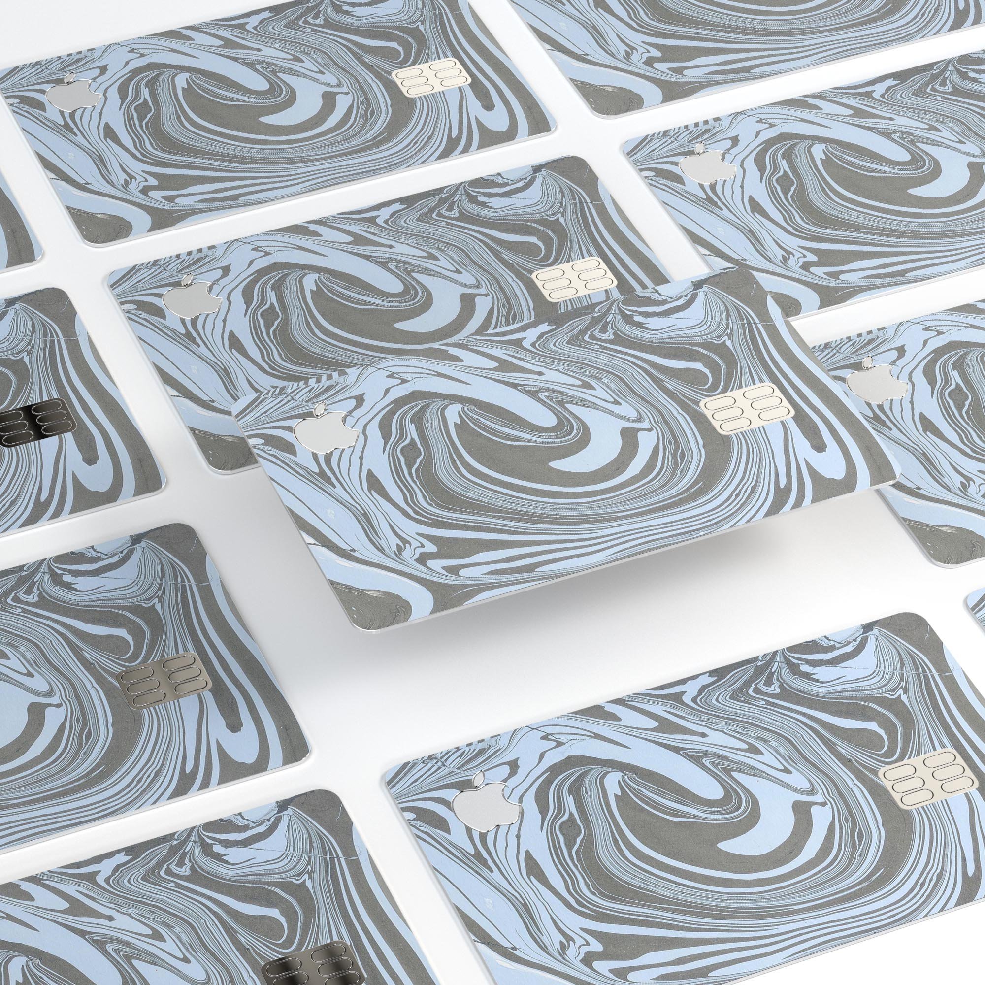 Marbleized Swirling Blue and Gray skin kit for Apple Card, showcasing a stylish design with premium vinyl material.