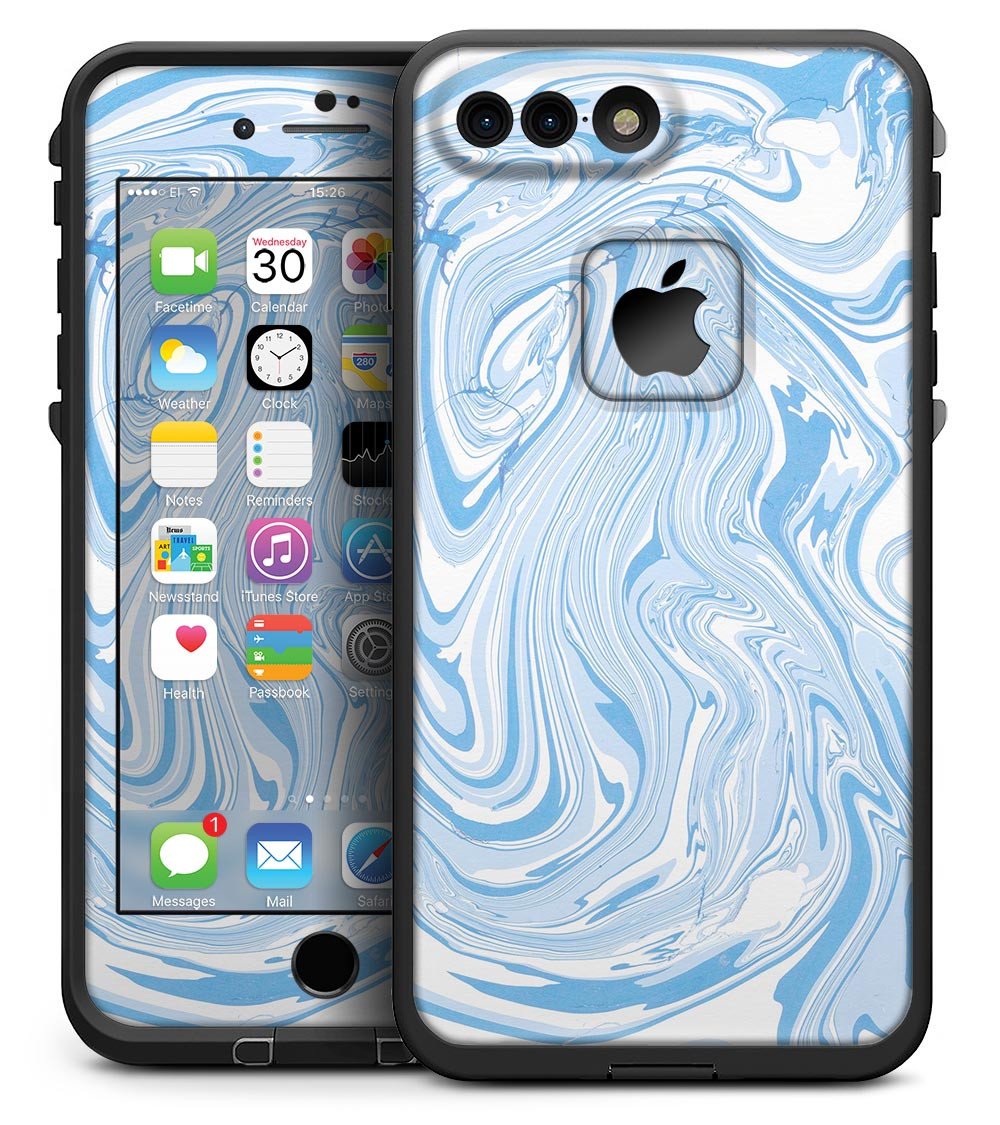 Marbleized Swirling Blues skin kit for iPhone 7 Plus LifeProof Fre Case, showcasing vibrant blue and white swirls on a sleek vinyl surface.