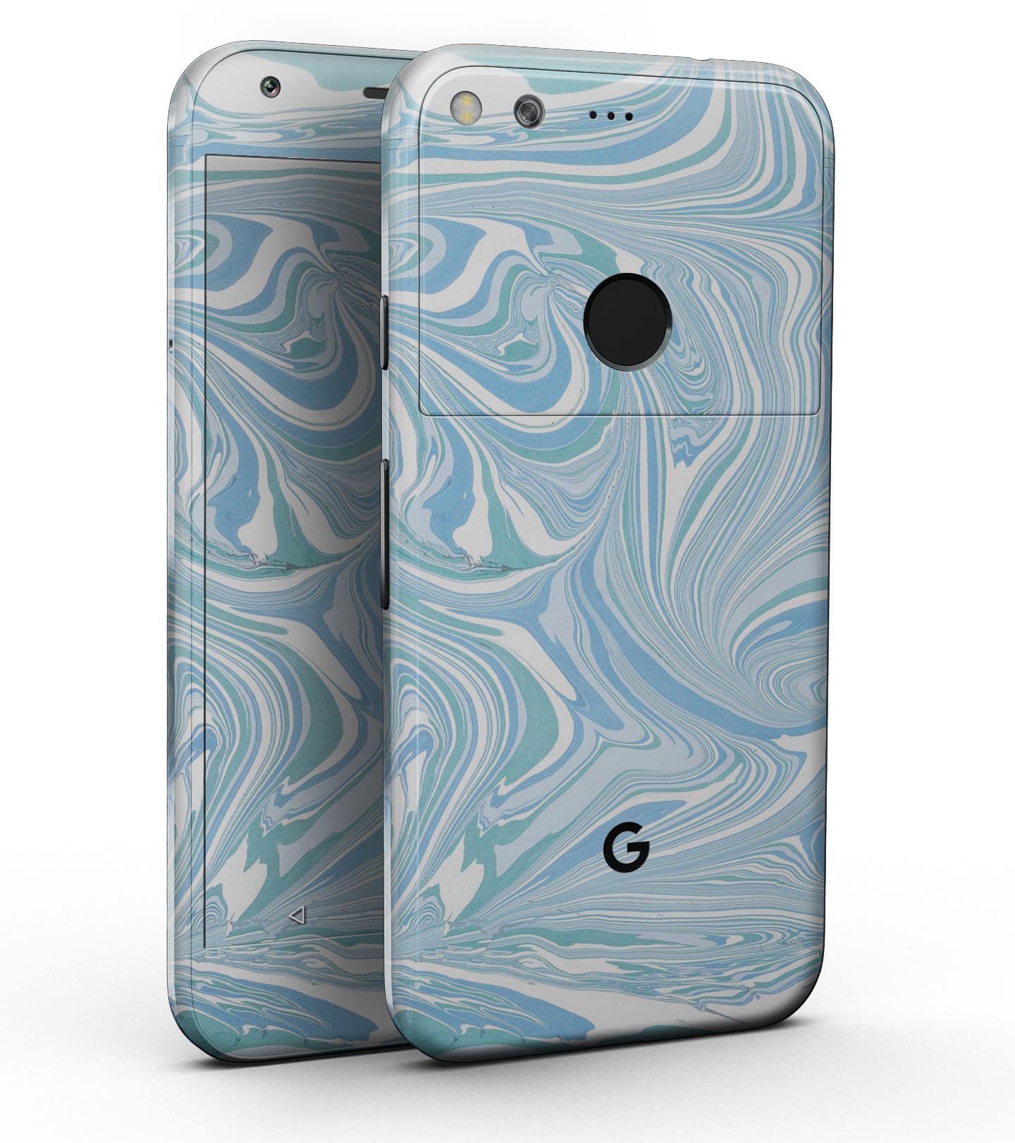 Marbleized Swirling Blues Full-Body Skin Kit for Google Pixel 5 and 5.5" XL, showcasing a unique blue swirling design.