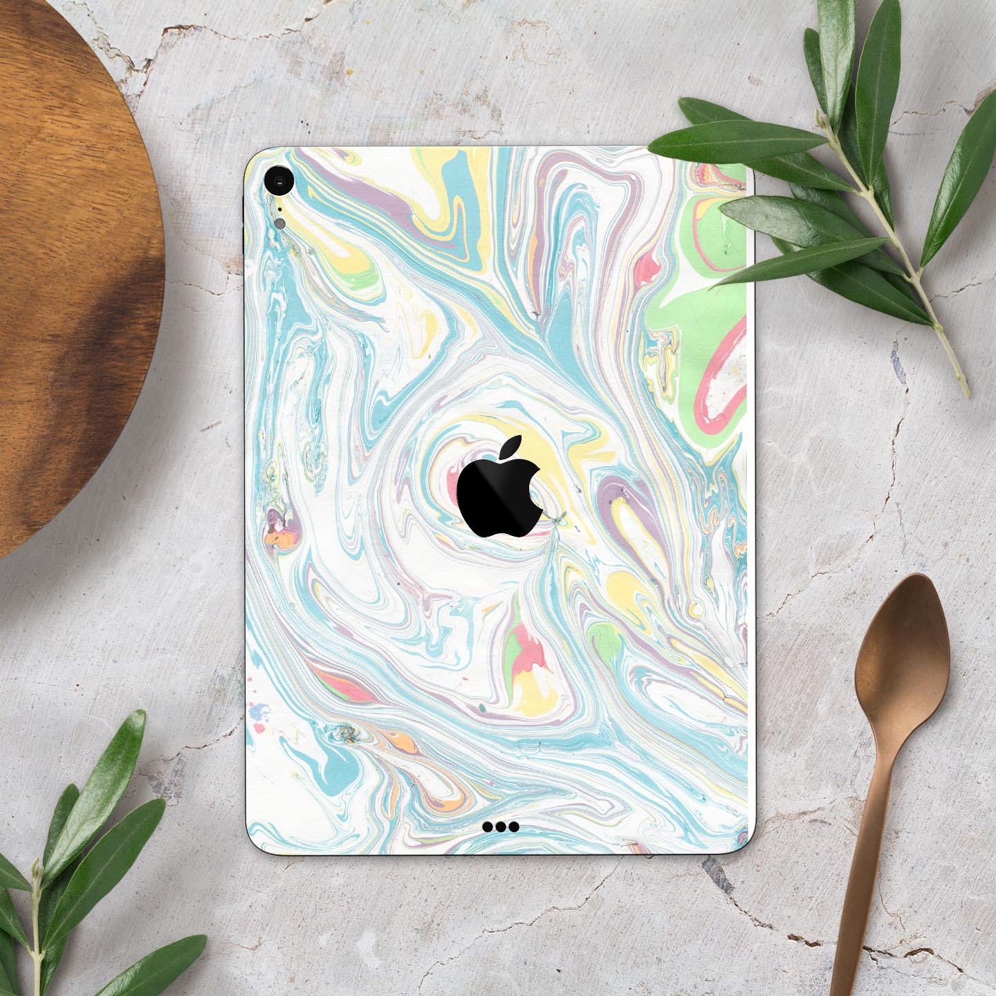 Marbleized Swirling Candy Colors skin decal for Apple devices, showcasing vibrant colors and a sleek design.