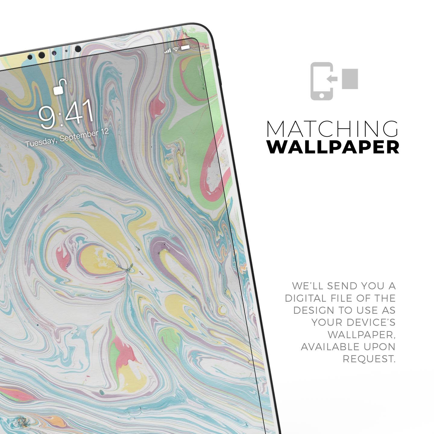 Marbleized Swirling Candy Colors skin decal for Apple devices, showcasing vibrant colors and a sleek design.
