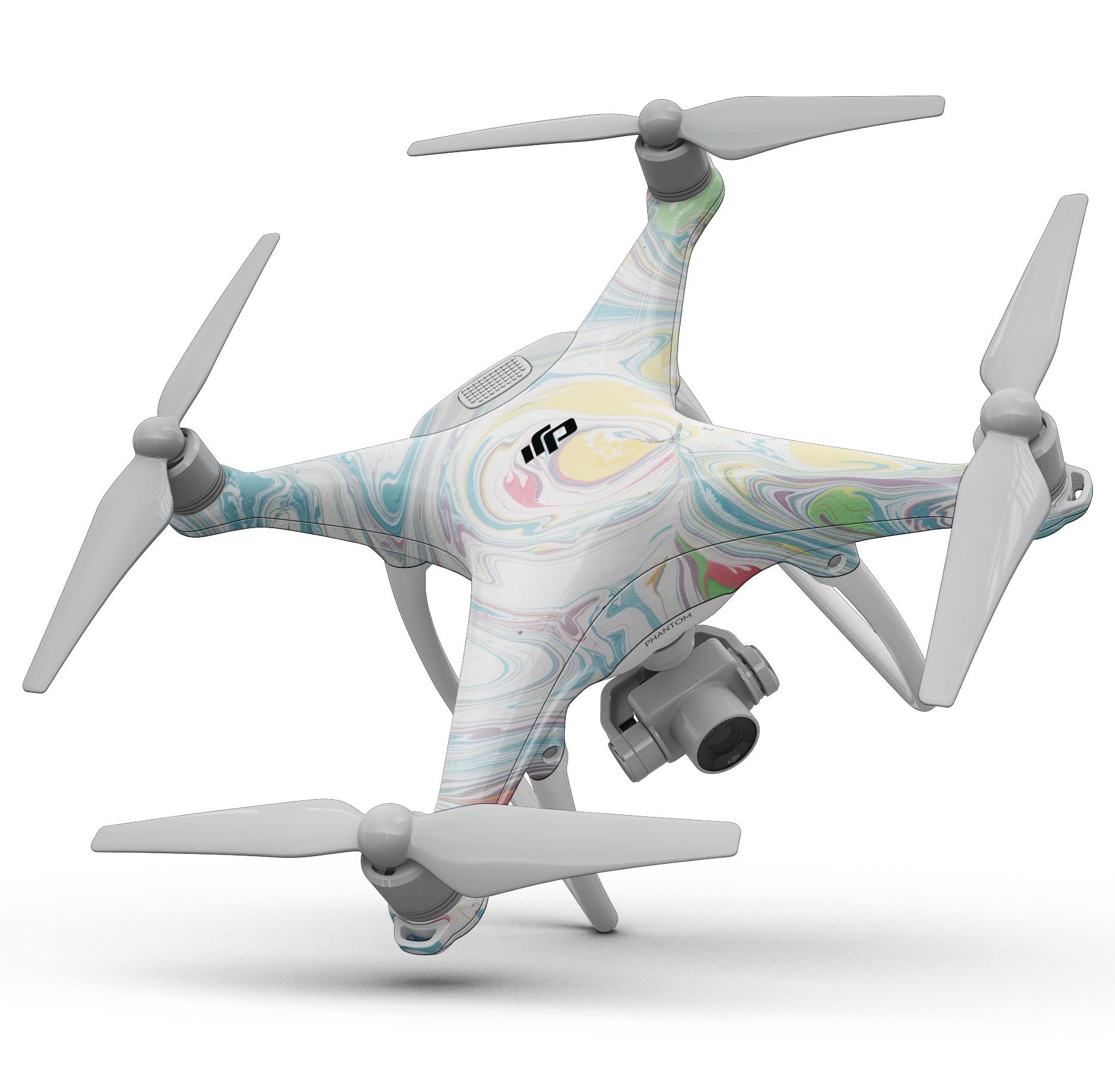 Full-body skin kit for DJI Phantom 4 in marbleized swirling candy colors, showcasing vibrant patterns and finishes.