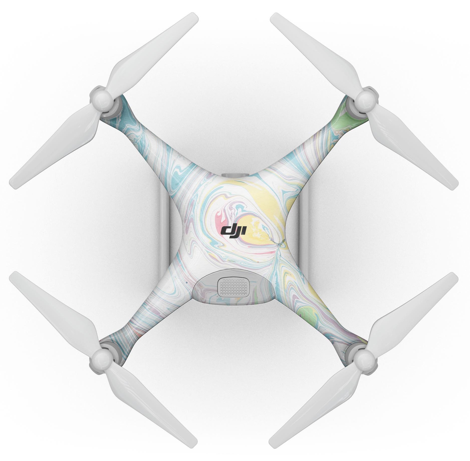 Full-body skin kit for DJI Phantom 4 in marbleized swirling candy colors, showcasing vibrant patterns and finishes.