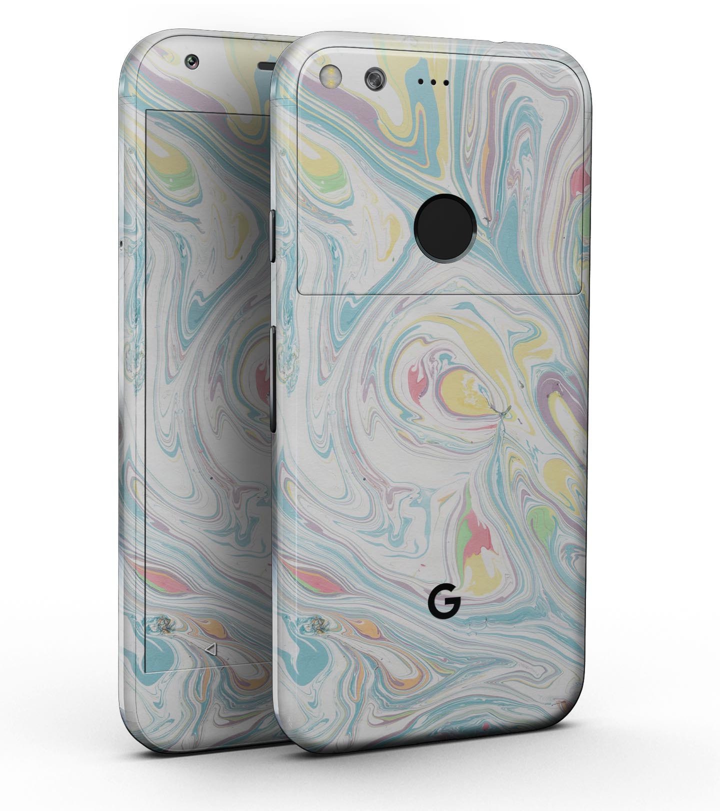 Marbleized Swirling Candy Colors Full-Body Skin Kit for Google Pixel, showcasing vibrant colors and sleek design.