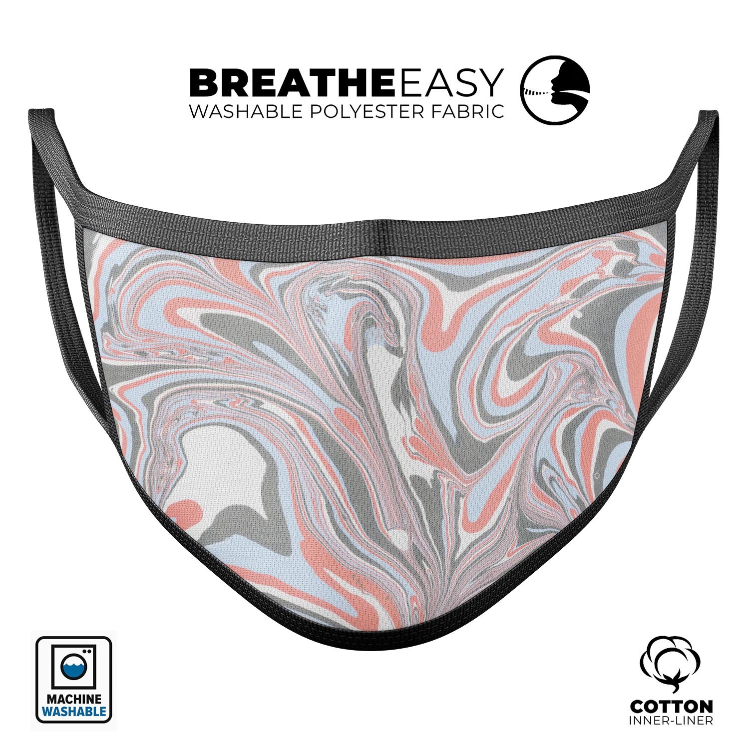 Marbleized Swirling Coral and Gray face mask, showcasing a unique design with adjustable ear loops for a comfortable fit.