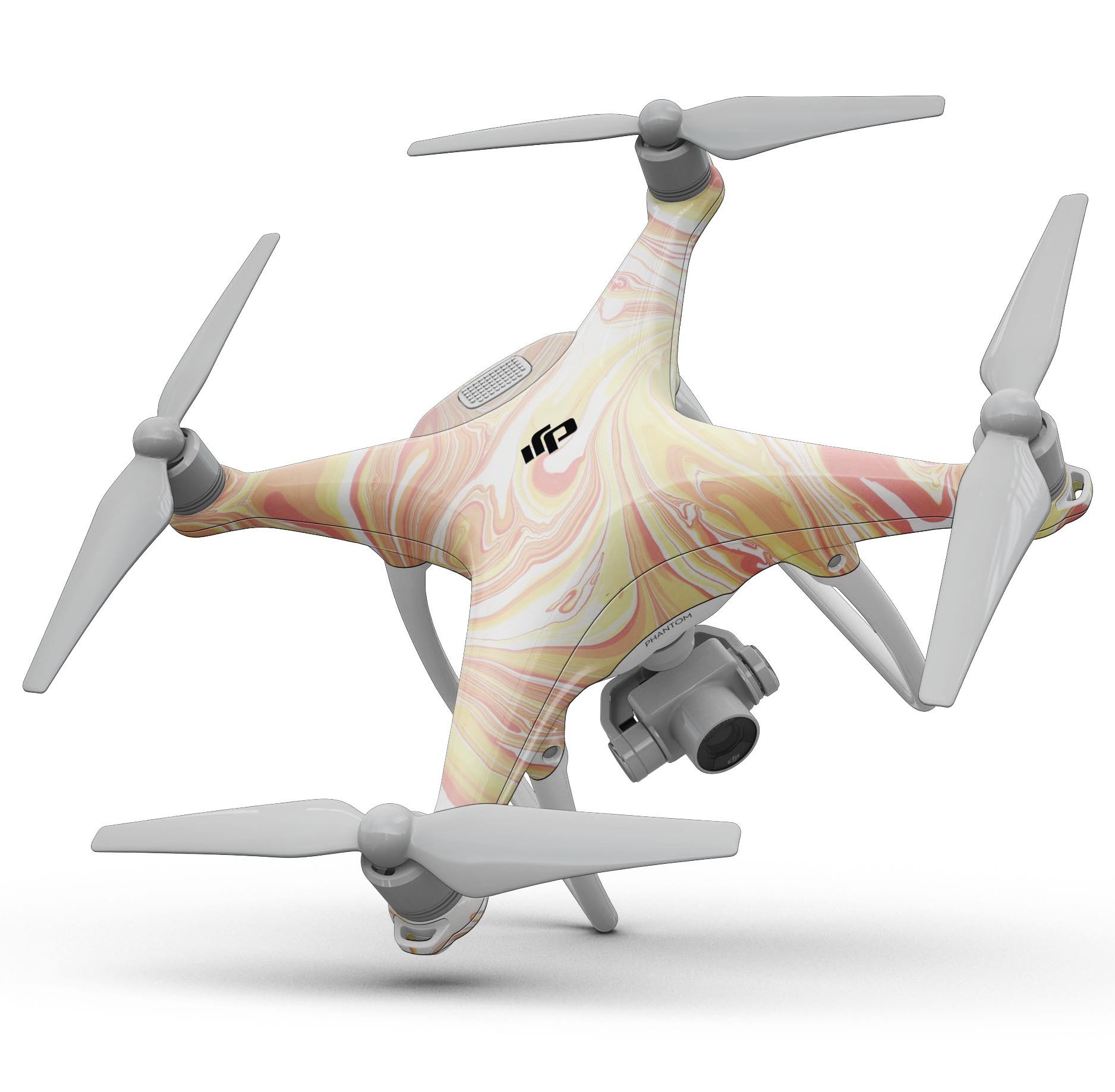 Marbleized Swirling Coral and Yellow Full-Body Skin Kit for DJI Phantom 4, showcasing vibrant colors and precision fit.
