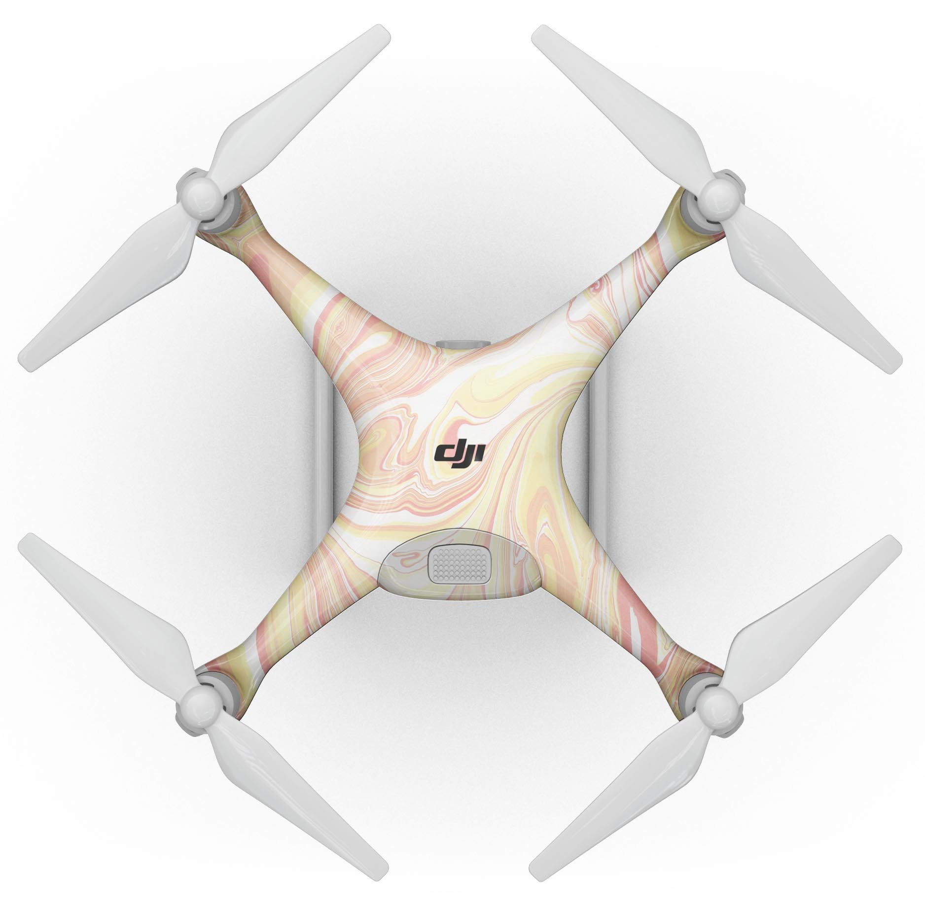Marbleized Swirling Coral and Yellow Full-Body Skin Kit for DJI Phantom 4, showcasing vibrant colors and precision fit.