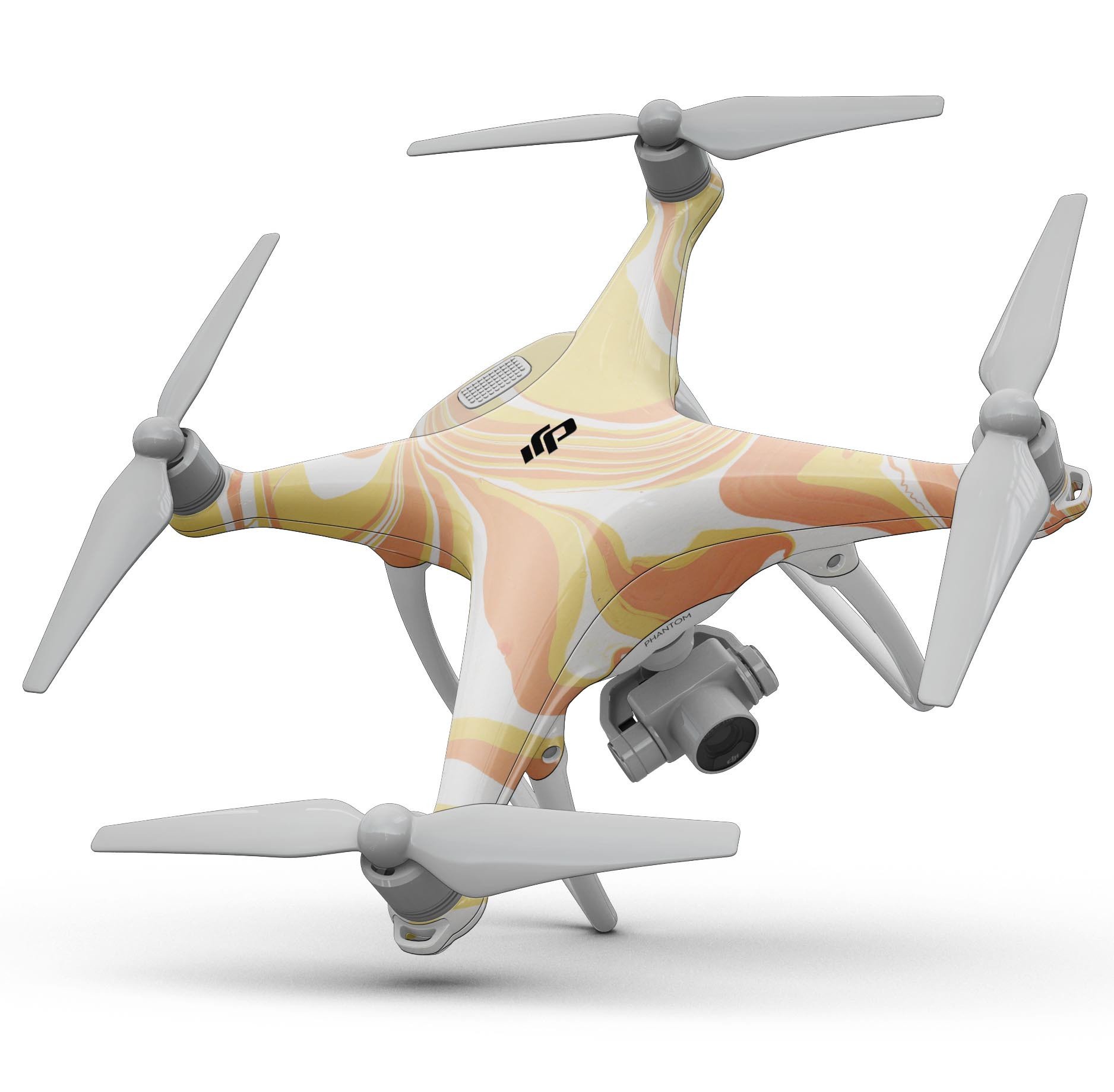Marbleized Swirling Coral Gold Full-Body Skin Kit for DJI Phantom 4 Drone, showcasing vibrant colors and sleek design.
