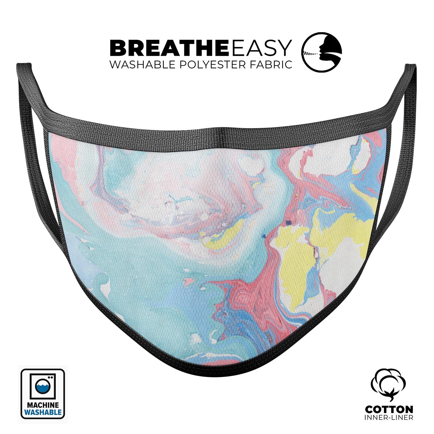 Marbleized Swirling Cotton Candy face mask, showcasing vibrant colors and a comfortable fit, made in the USA.