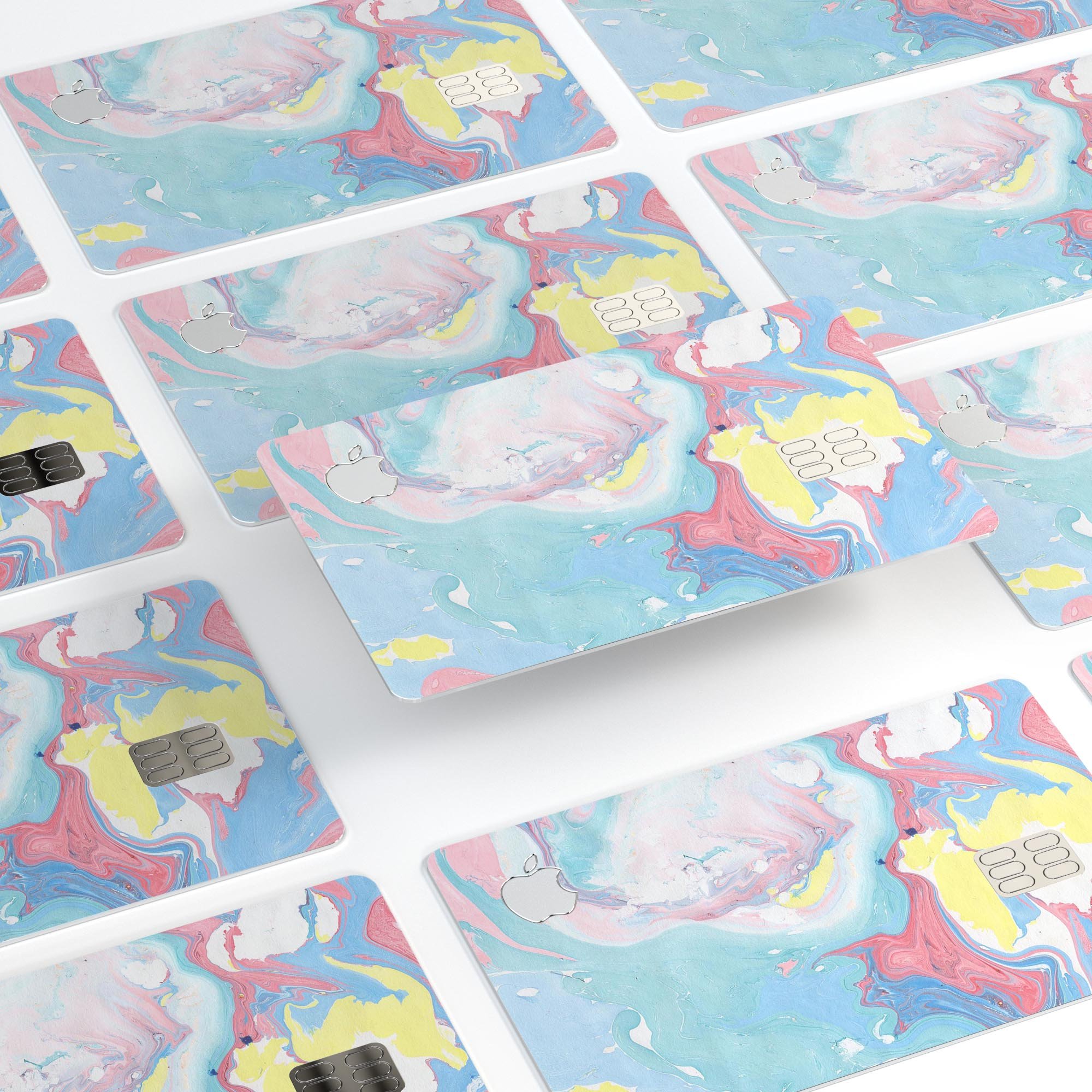 Marbleized Swirling Cotton Candy decal skin for Apple Card, showcasing vibrant colors and a glossy finish.