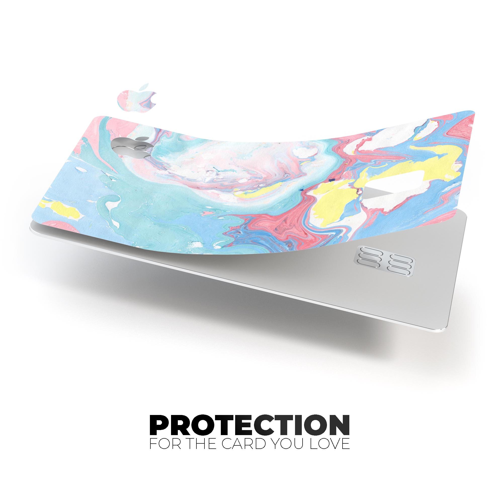 Marbleized Swirling Cotton Candy decal skin for Apple Card, showcasing vibrant colors and a glossy finish.