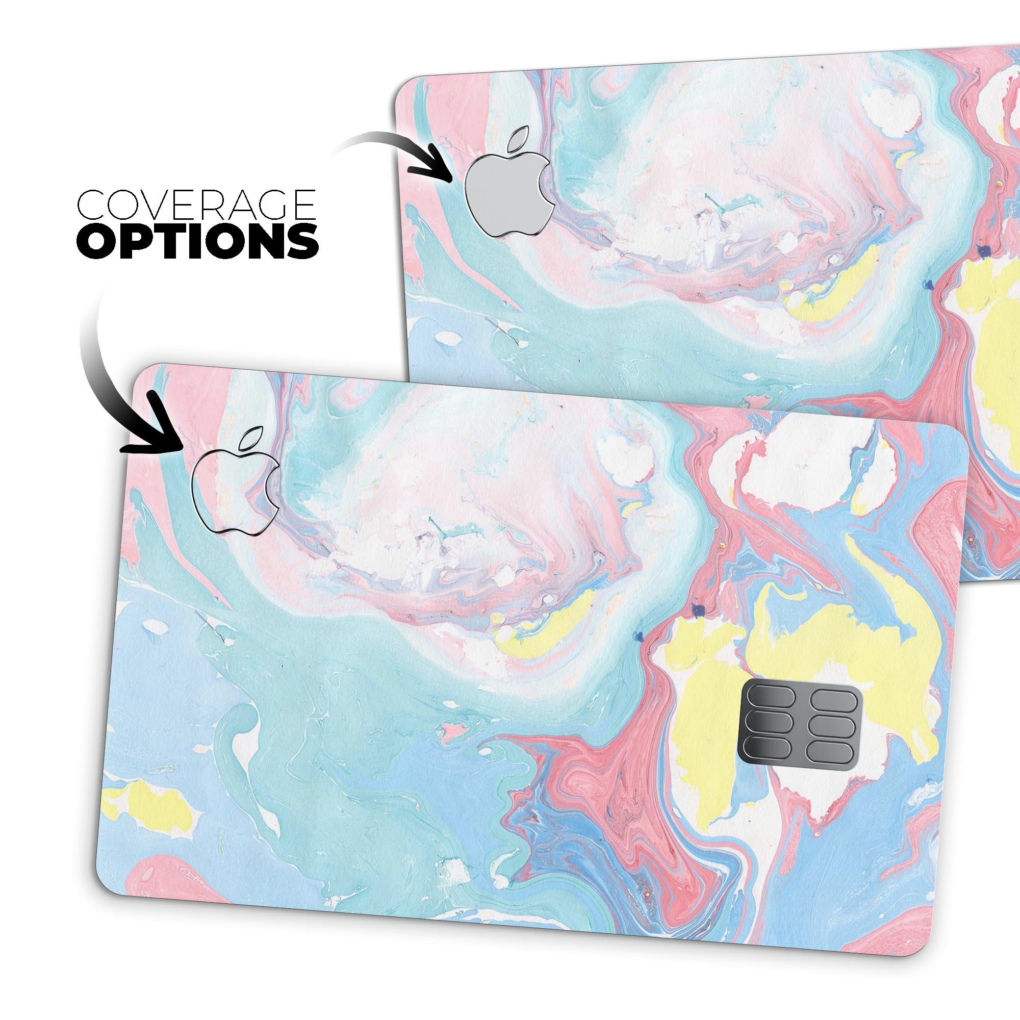 Marbleized Swirling Cotton Candy decal skin for Apple Card, showcasing vibrant colors and a glossy finish.