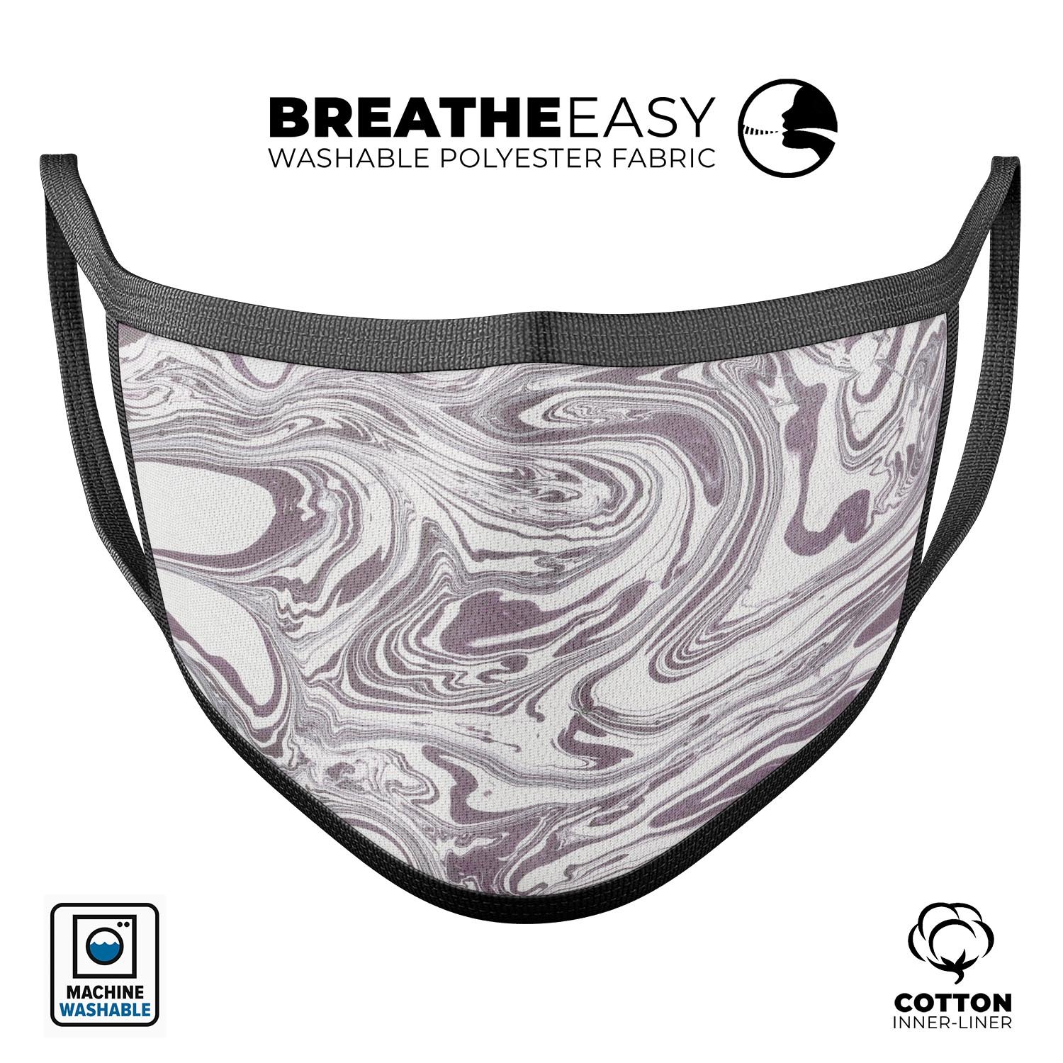 Marbleized Swirling Dark Purple mouth cover, showcasing vibrant colors and adjustable ear loops for a comfortable fit.
