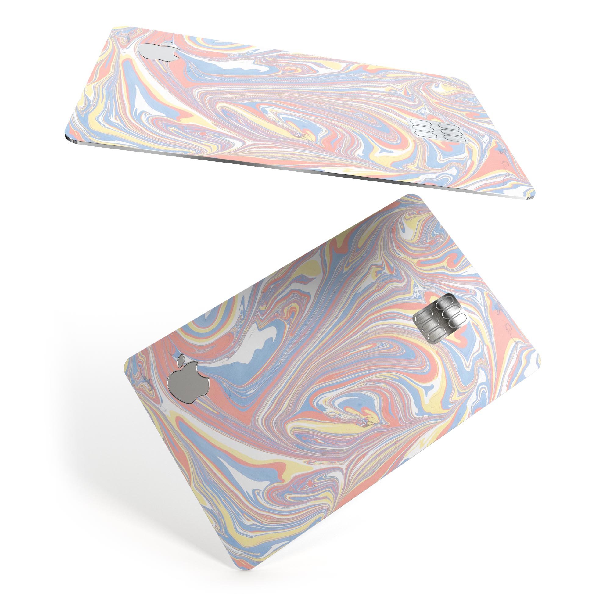 Marbleized Swirling Fun Coral decal skin for Apple Card, showcasing vibrant colors and a stylish design.