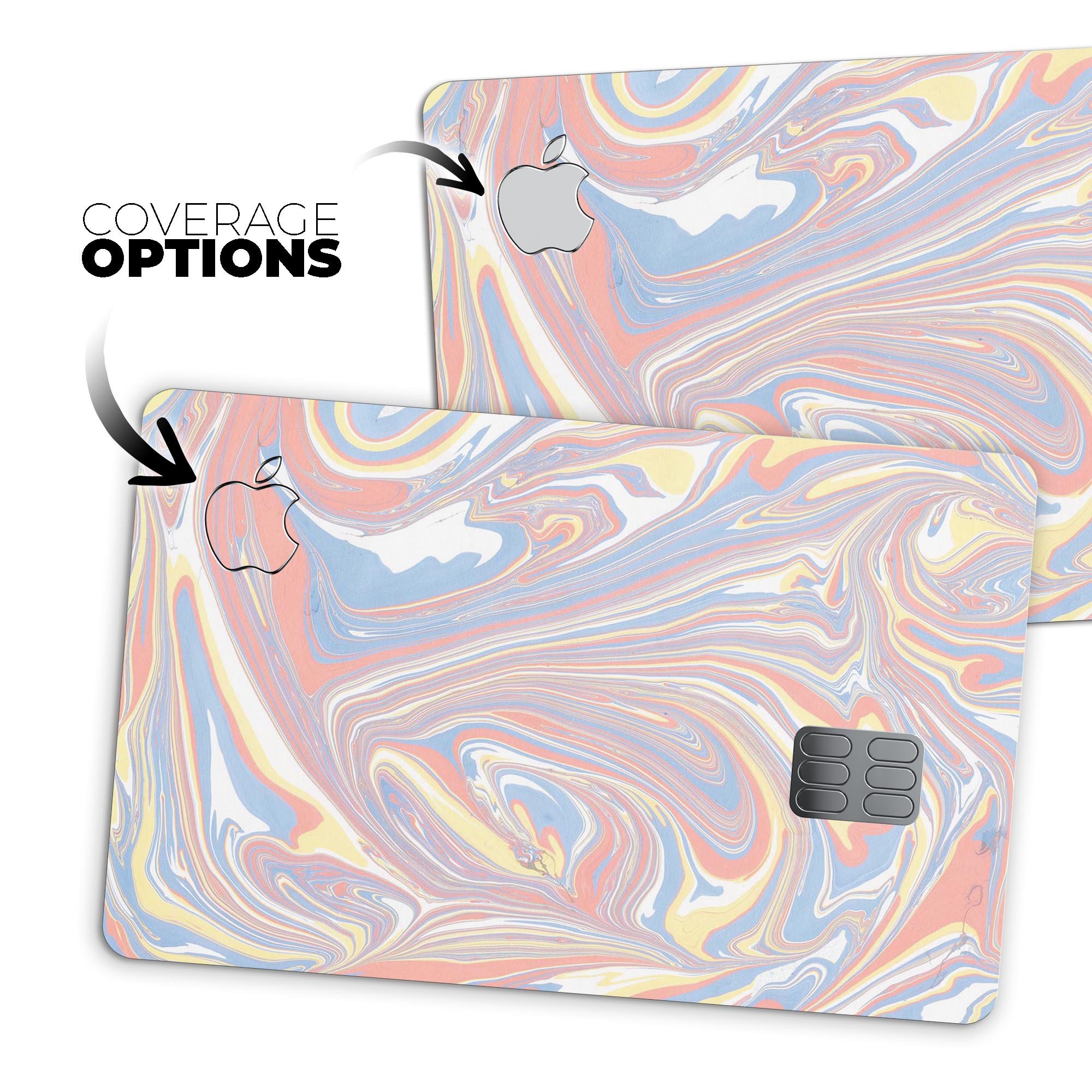 Marbleized Swirling Fun Coral decal skin for Apple Card, showcasing vibrant colors and a stylish design.