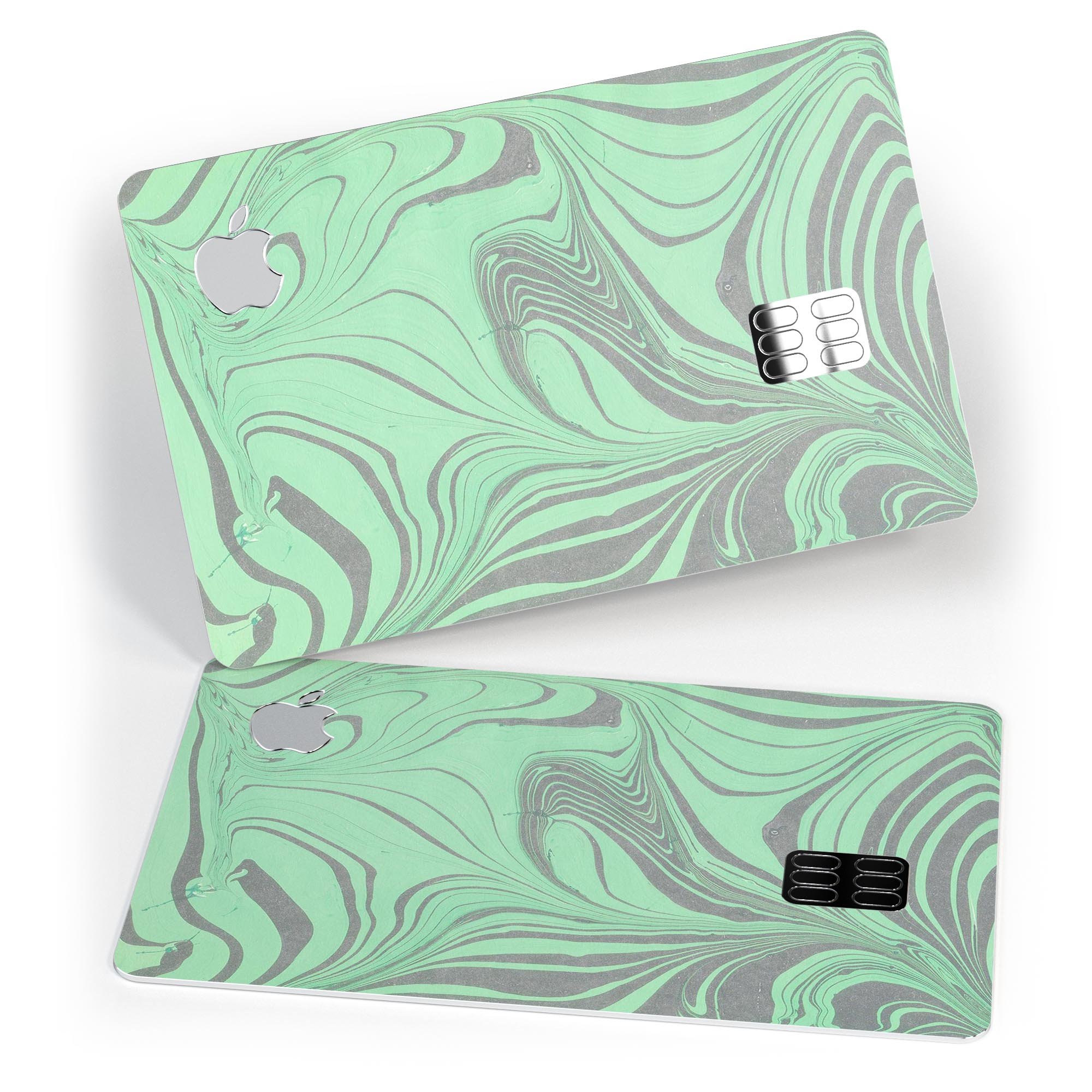 Marbleized Swirling Green and Gray decal skin for Apple Card, showcasing a stylish design with premium vinyl protection.