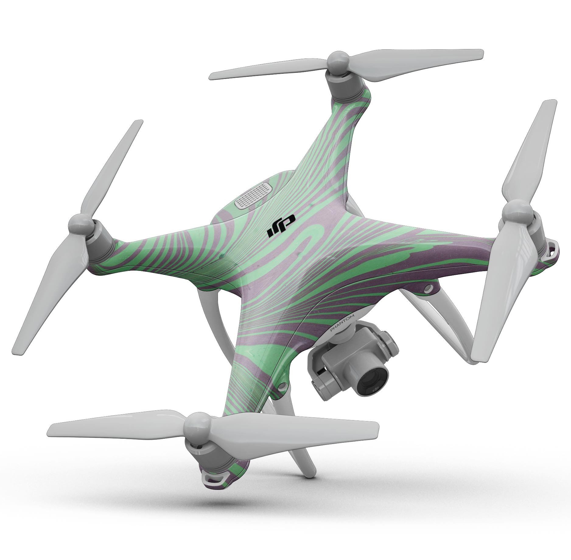 Marbleized Swirling Green and Gray Full-Body Skin Kit for DJI Phantom 4 Drone, showcasing a unique design and precision fit.