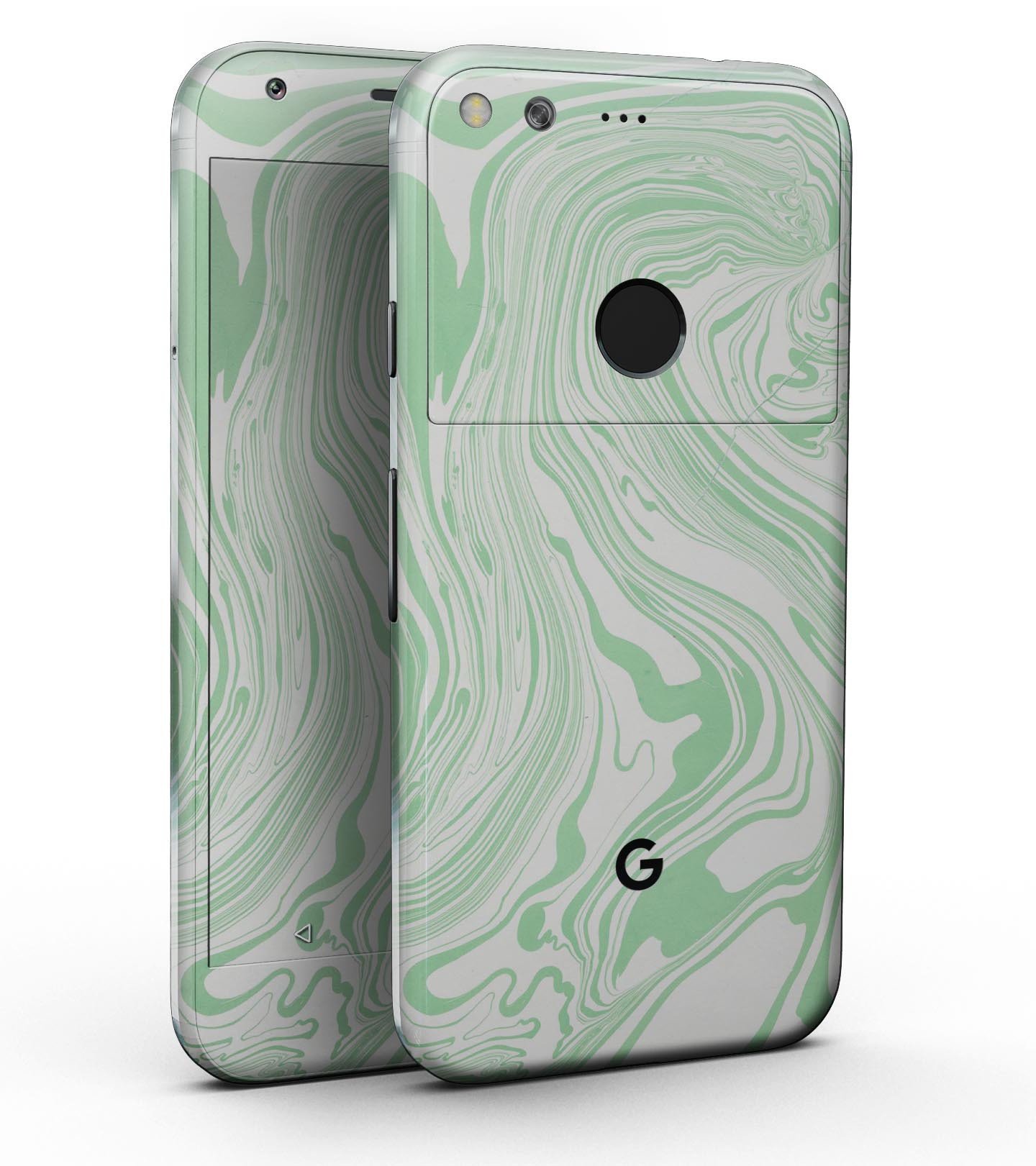 Marbleized Swirling Green Full-Body Skin Kit for Google Pixel, showcasing a vibrant marble design and precision fit.
