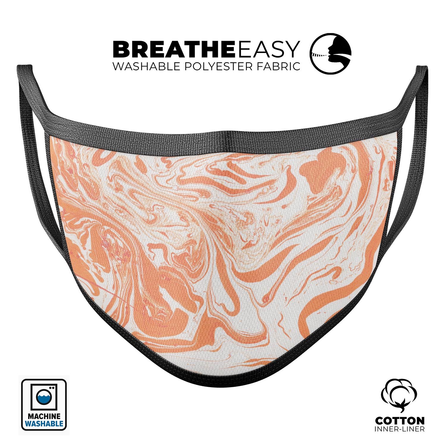 Marbleized Swirling Orange mouth cover, unisex design, made in the USA, featuring adjustable ear loops and a comfortable cotton interior.