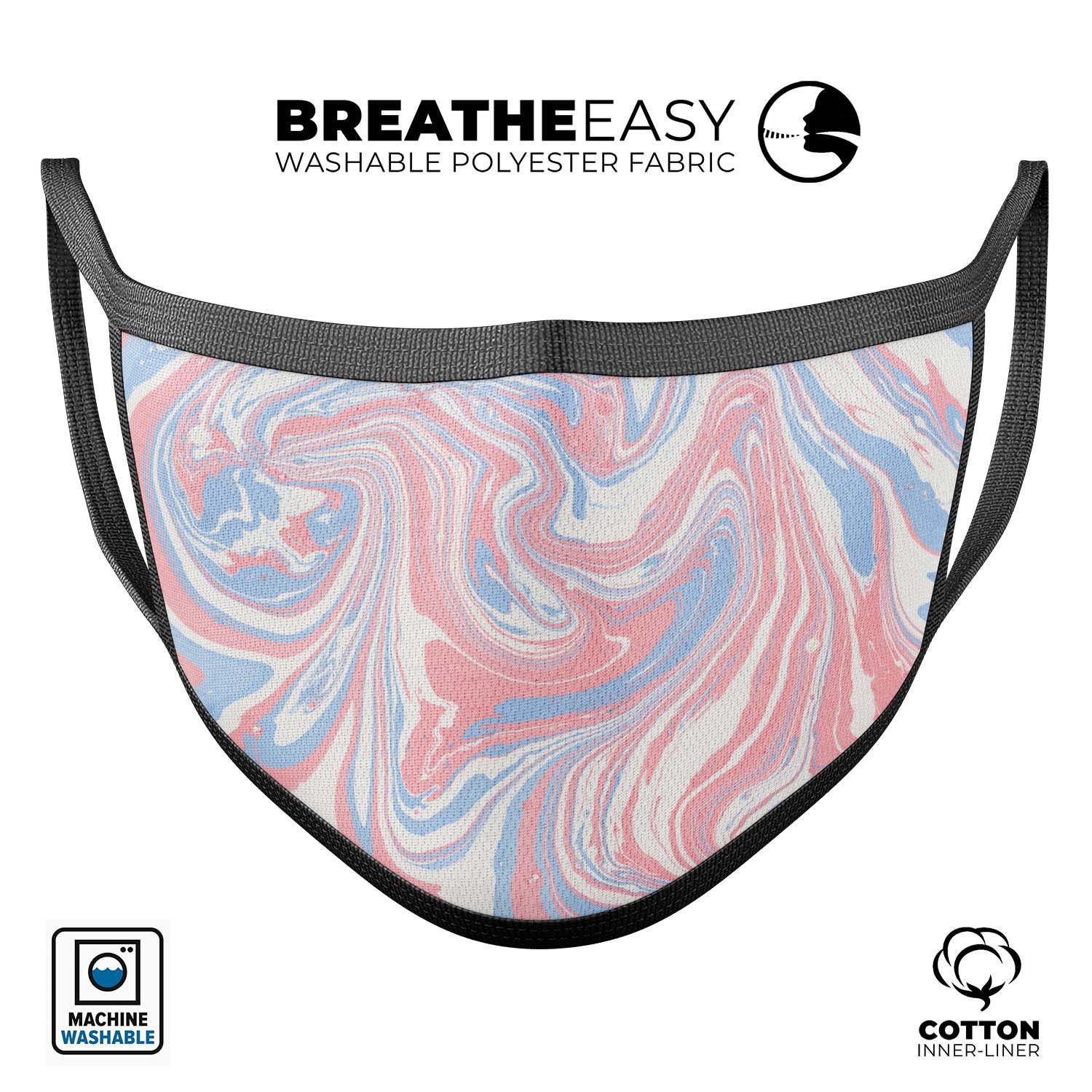 Marbleized Swirling Pink and Blue mouth cover, showcasing vibrant colors and adjustable ear loops for a comfortable fit.