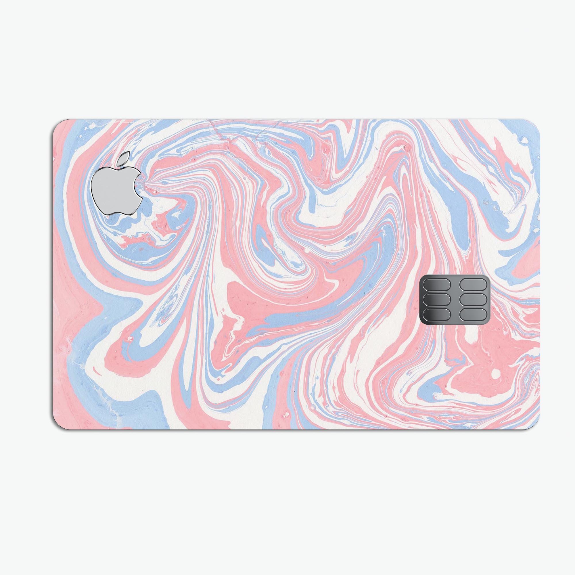 Marbleized Swirling Pink and Blue decal skin for Apple Card, showcasing vibrant colors and a sleek design.