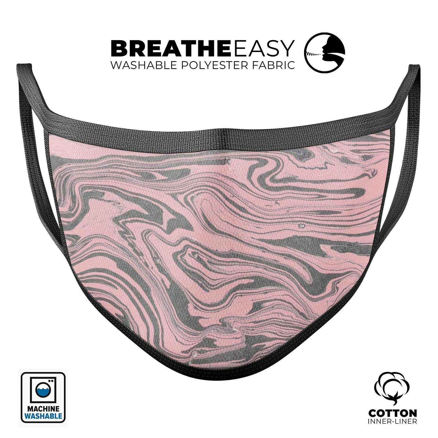 Marbleized Swirling Pink and Gray face mask, showcasing a unique design with soft cotton material and adjustable ear loops for a comfortable fit.