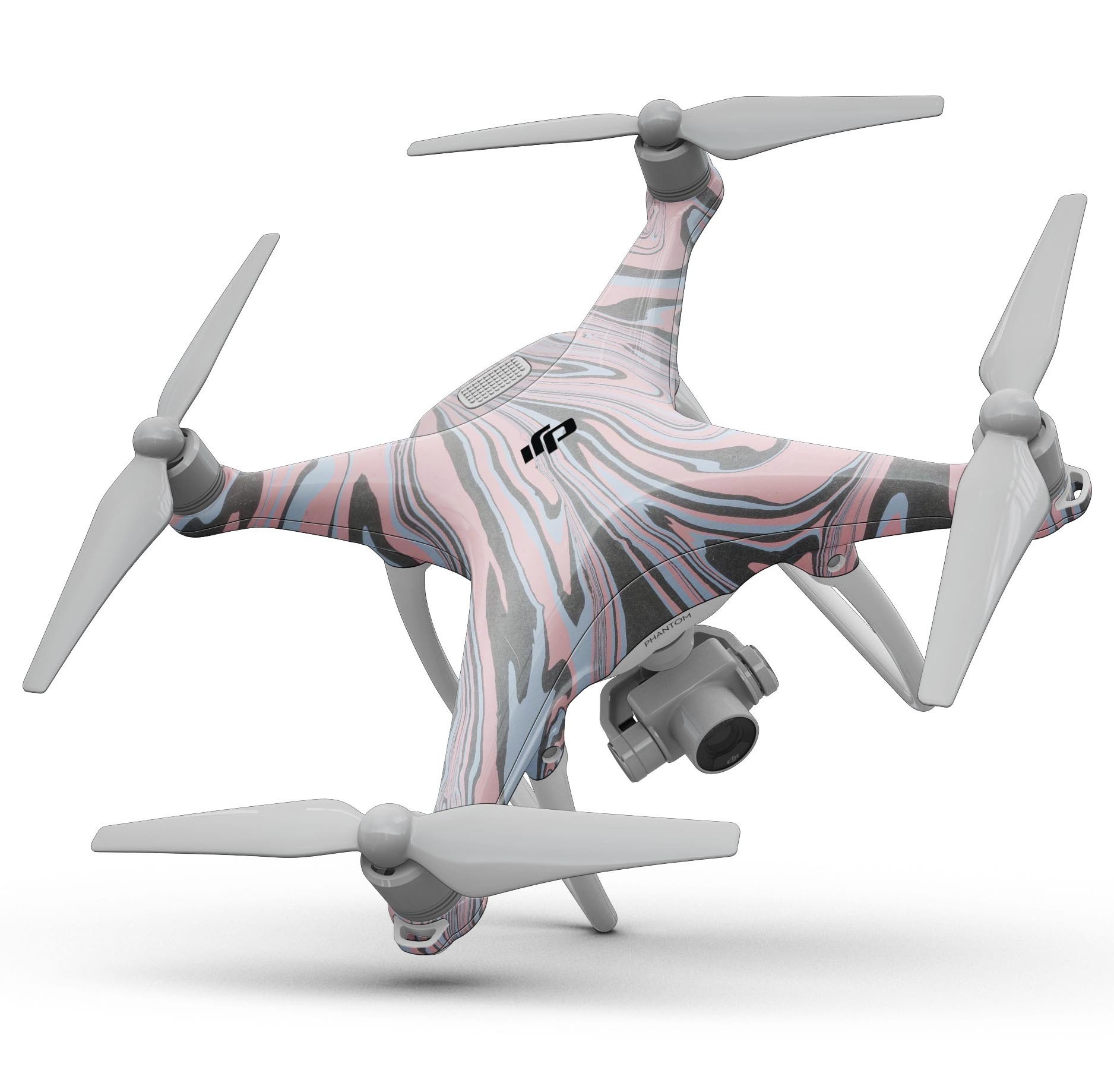 Marbleized Swirling Pink and Gray Full-Body Skin Kit for DJI Phantom 4 Drone, showcasing a stylish design and precision fit.