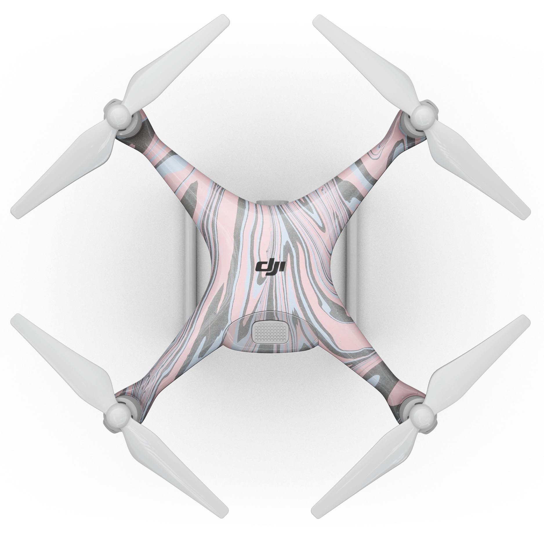 Marbleized Swirling Pink and Gray Full-Body Skin Kit for DJI Phantom 4 Drone, showcasing a stylish design and precision fit.