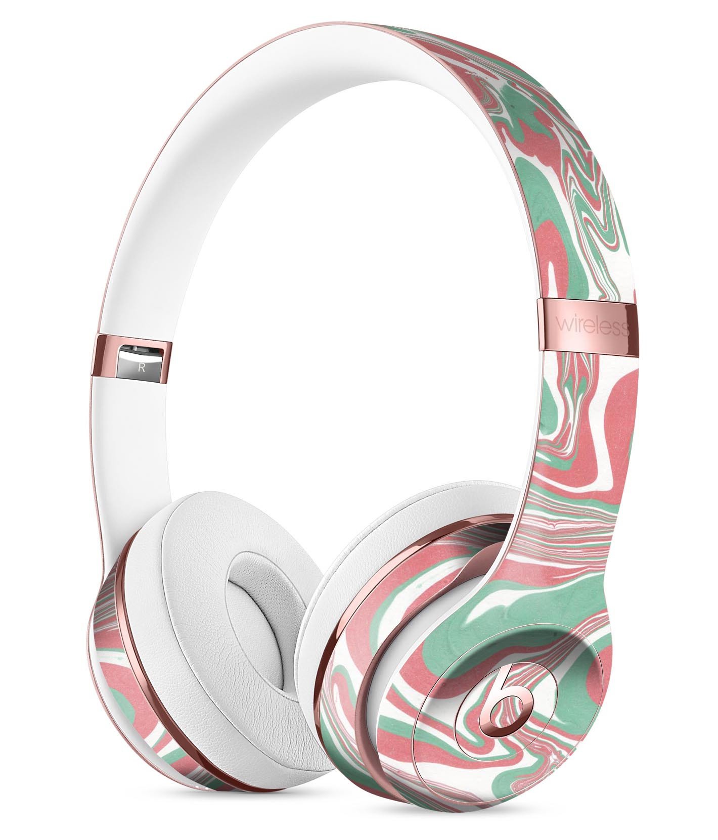 Marbleized Swirling Pink and Green Full-Body Skin Kit designed for Beats by Dre Solo 3 Wireless Headphones, showcasing vibrant colors and sleek design.