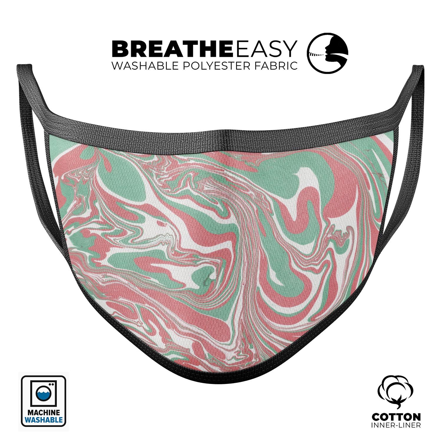 Marbleized Swirling Pink and Green unisex mouth cover, showcasing vibrant colors and adjustable ear loops.