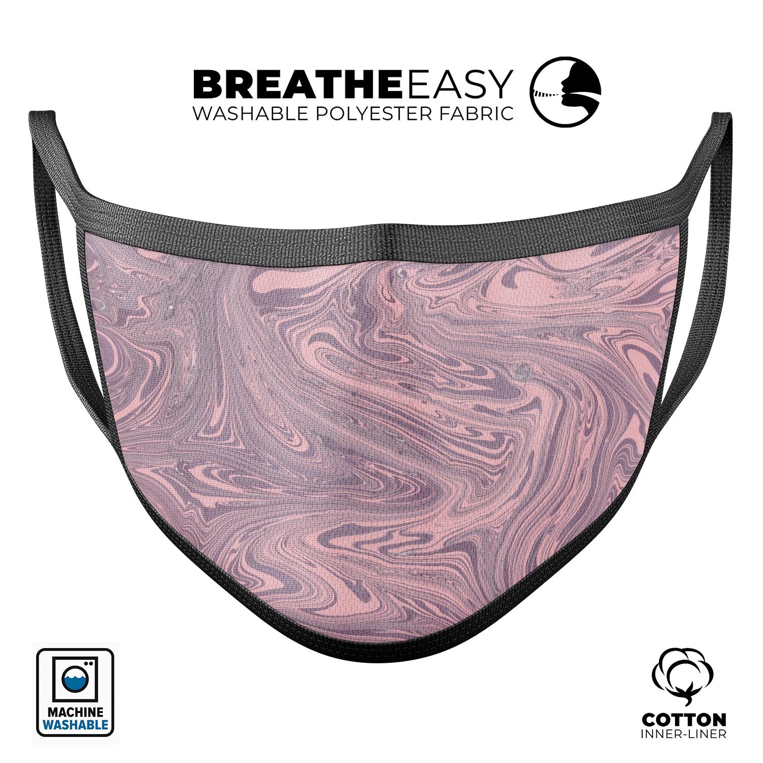 Marbleized swirling pink and purple reusable mouth cover, showcasing vibrant colors and adjustable ear loops.