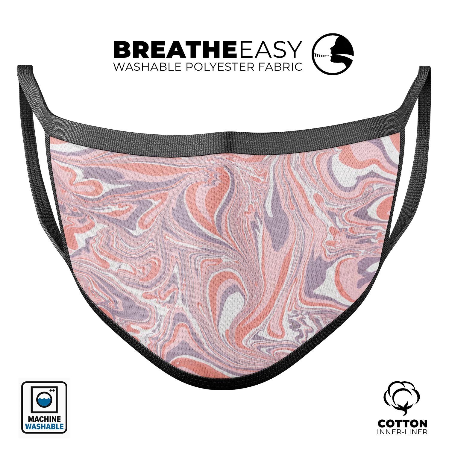 Marbleized Swirling Pink and Purple reusable mouth cover made in the USA, featuring adjustable ear loops and a comfortable cotton interior.