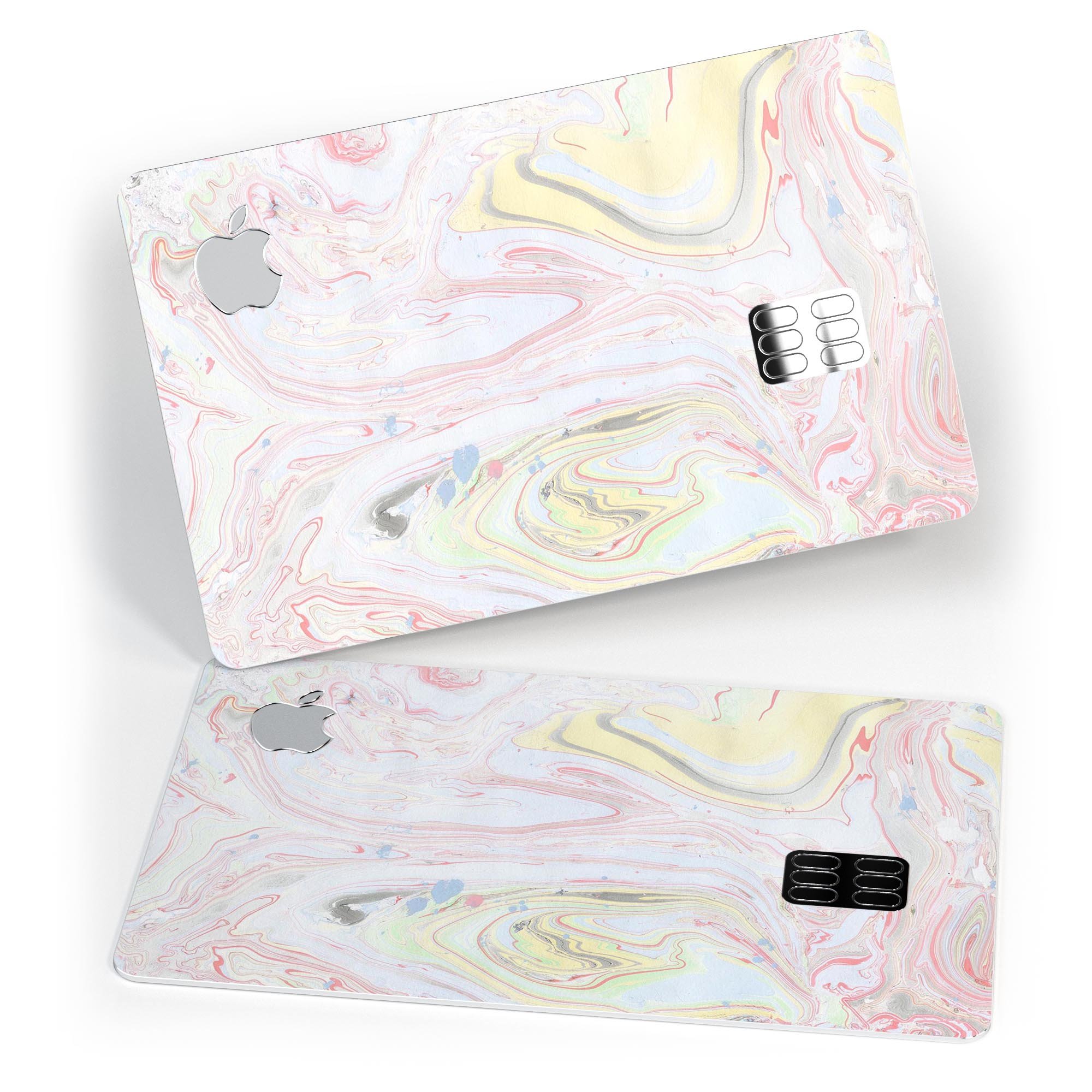 Marbleized Swirling Pink and Yellow v3 decal for Apple Card, showcasing vibrant colors and a protective design.