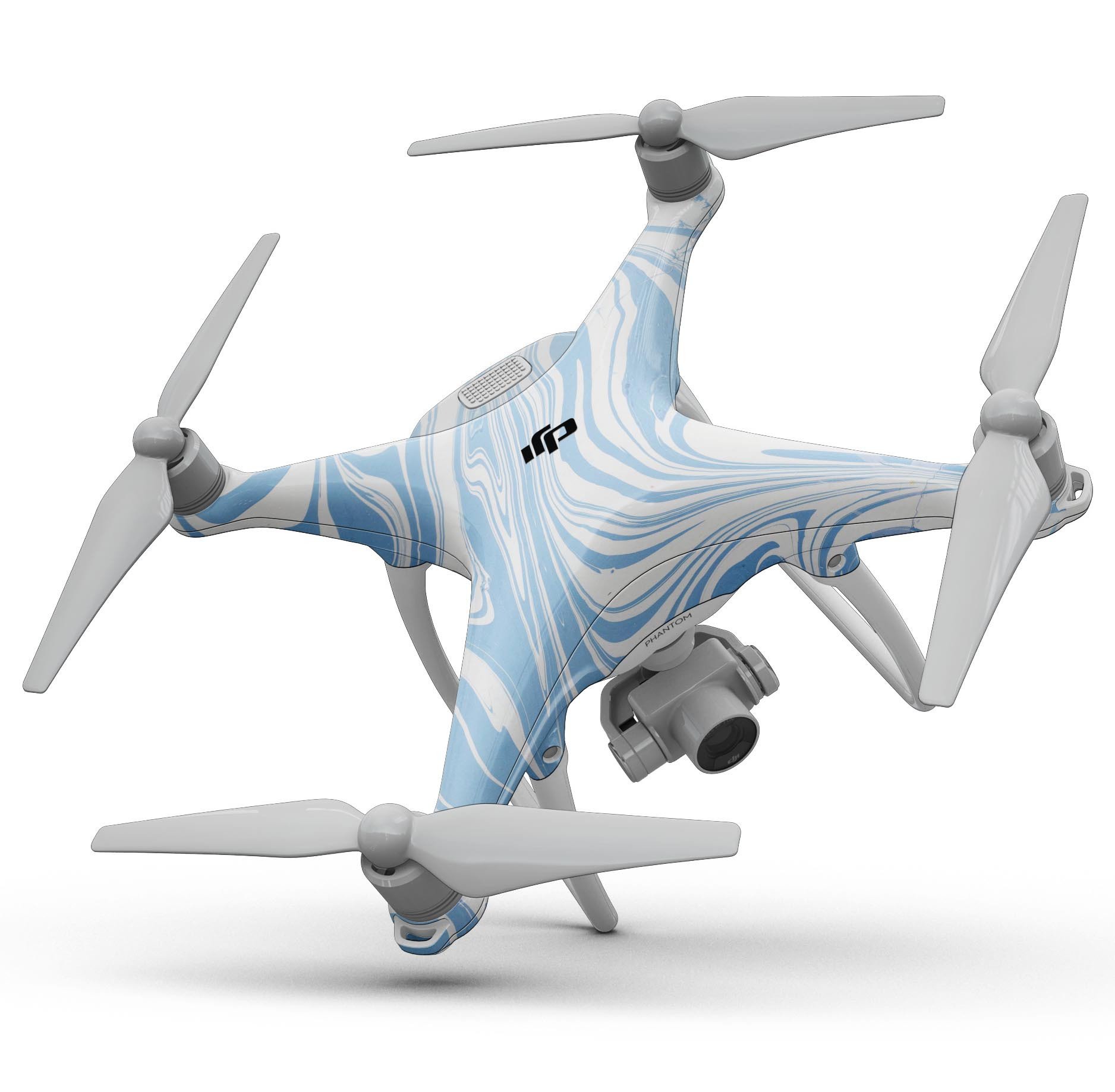 Marbleized Swirling Soft Blue Full-Body Skin Kit for DJI Phantom 4, showcasing its unique design and precision fit.