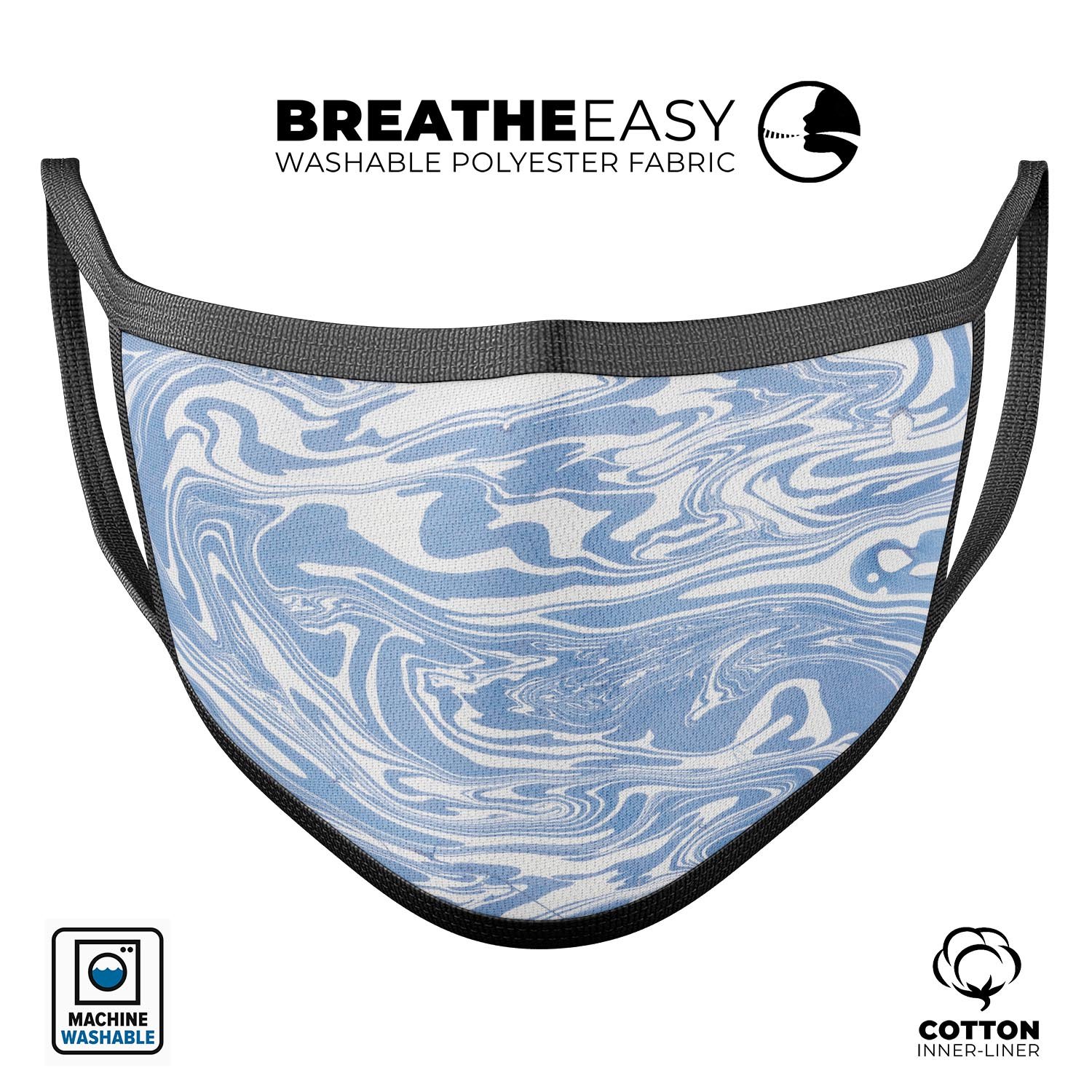 Marbleized Swirling Subtle Blue face mask made in the USA, featuring a unique dye-sublimated design and adjustable ear loops for a comfortable fit.