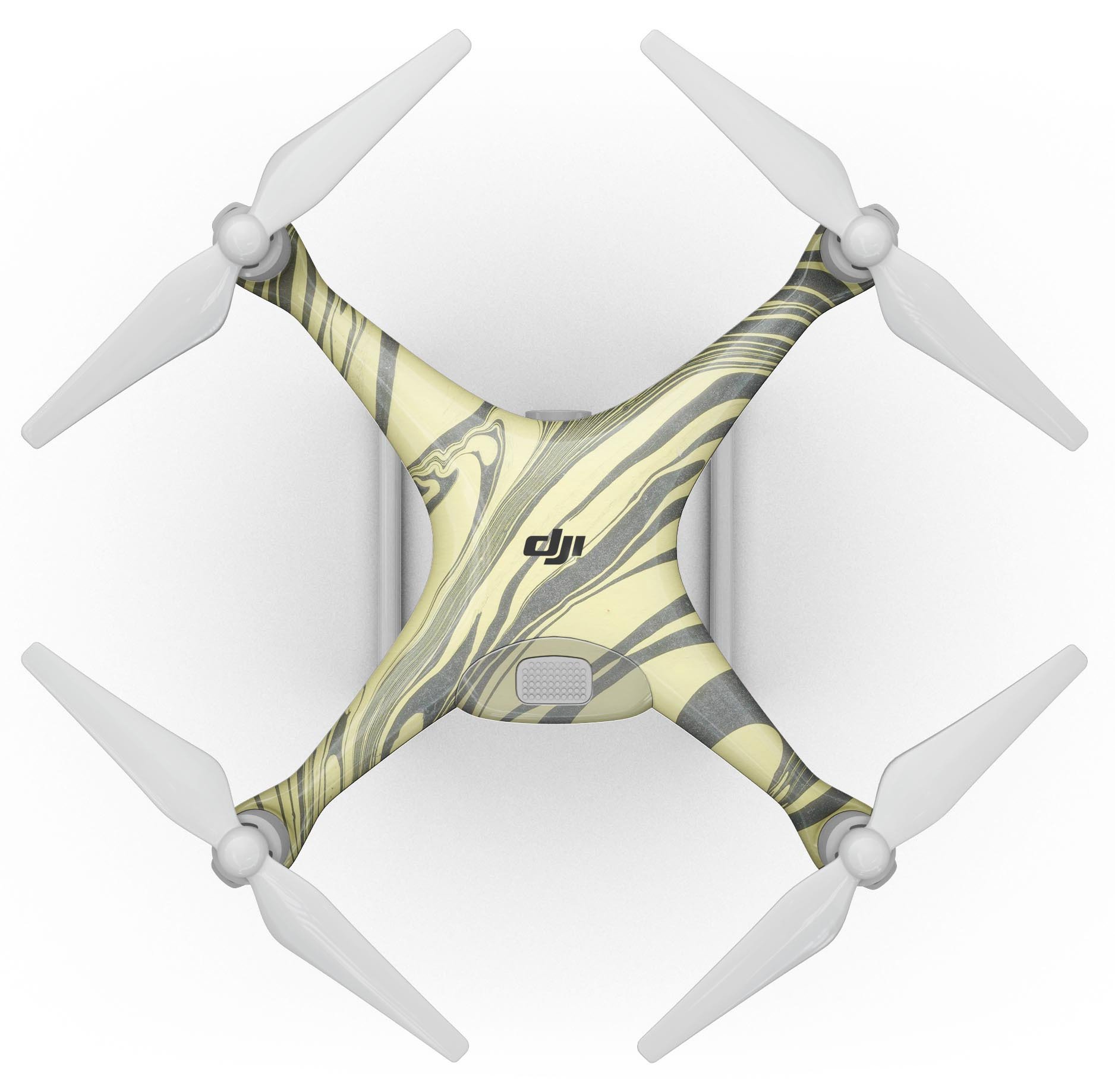 Marbleized Swirling Yellow and Gray Full-Body Skin Kit for DJI Phantom 4 Drone, showcasing vibrant colors and sleek design.