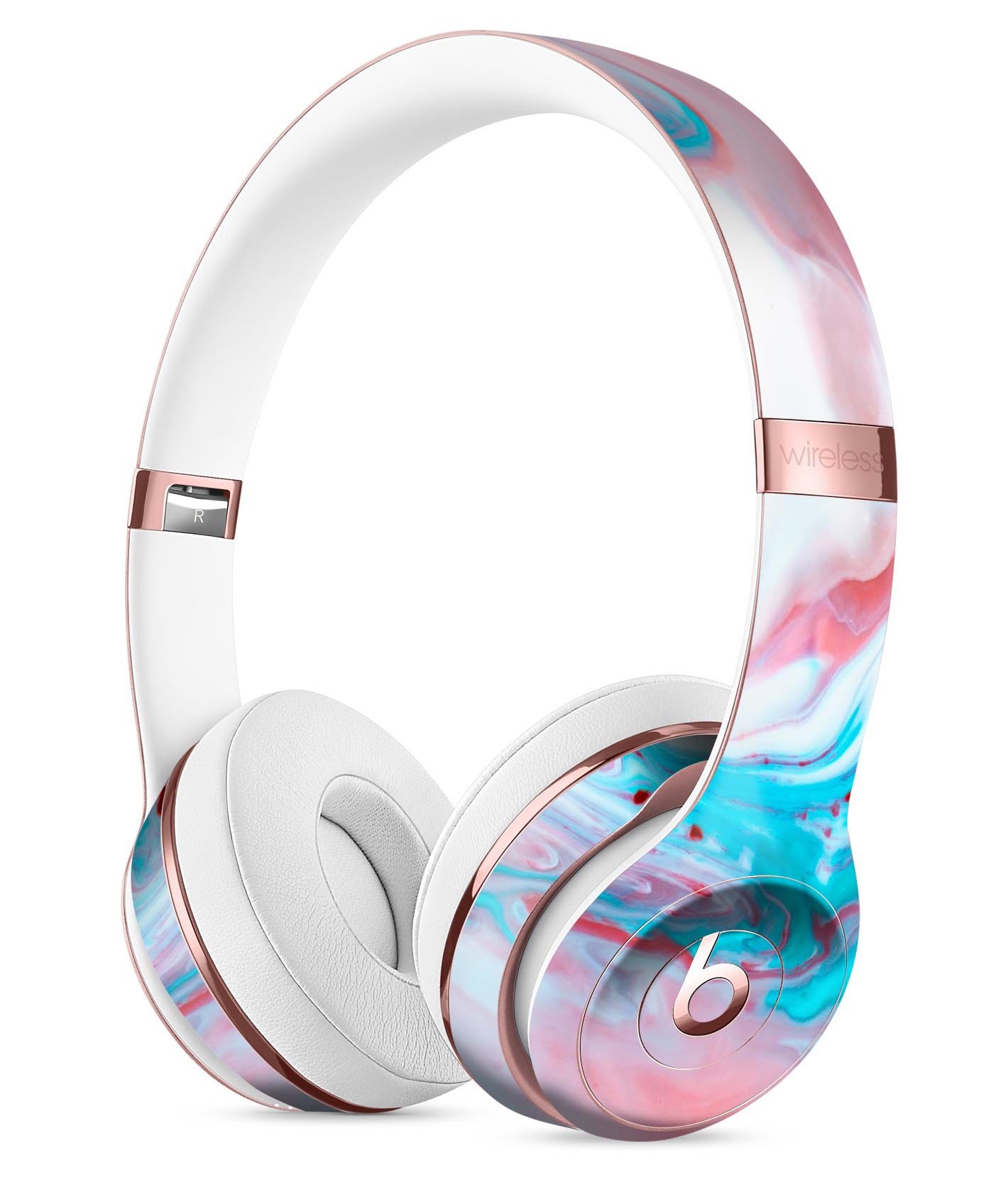 Marbleized Teal and Pink V2 Full-Body Skin Kit for Beats by Dre Solo 3 Wireless Headphones, showcasing vibrant colors and sleek design.