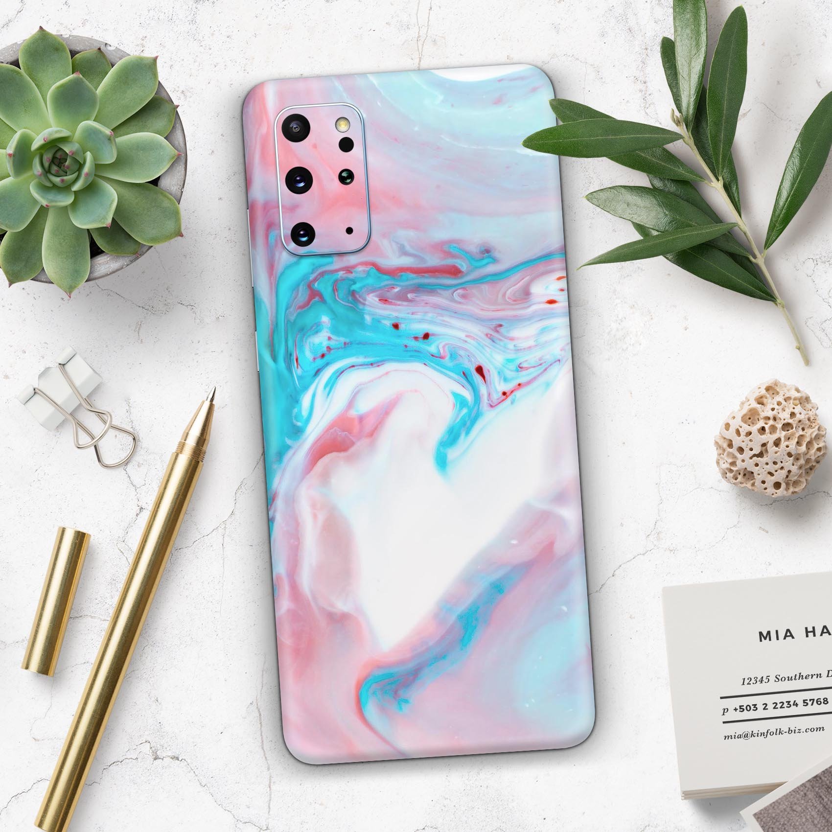 Marbleized Teal and Pink V2 skin for Samsung Galaxy S-Series, showcasing vibrant colors and sleek design.