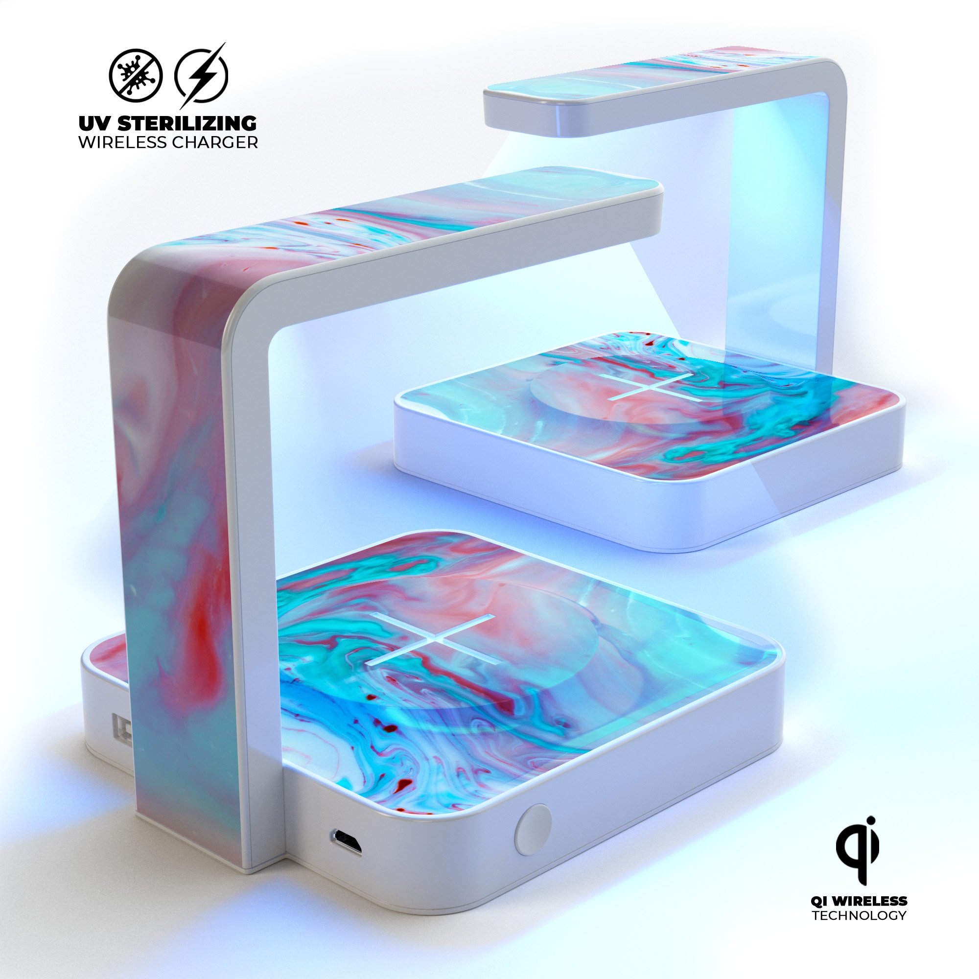Marbleized Teal and Pink V2 UV Germicidal Sanitizing Sterilizing charger with wireless charging capabilities and decorative skin.