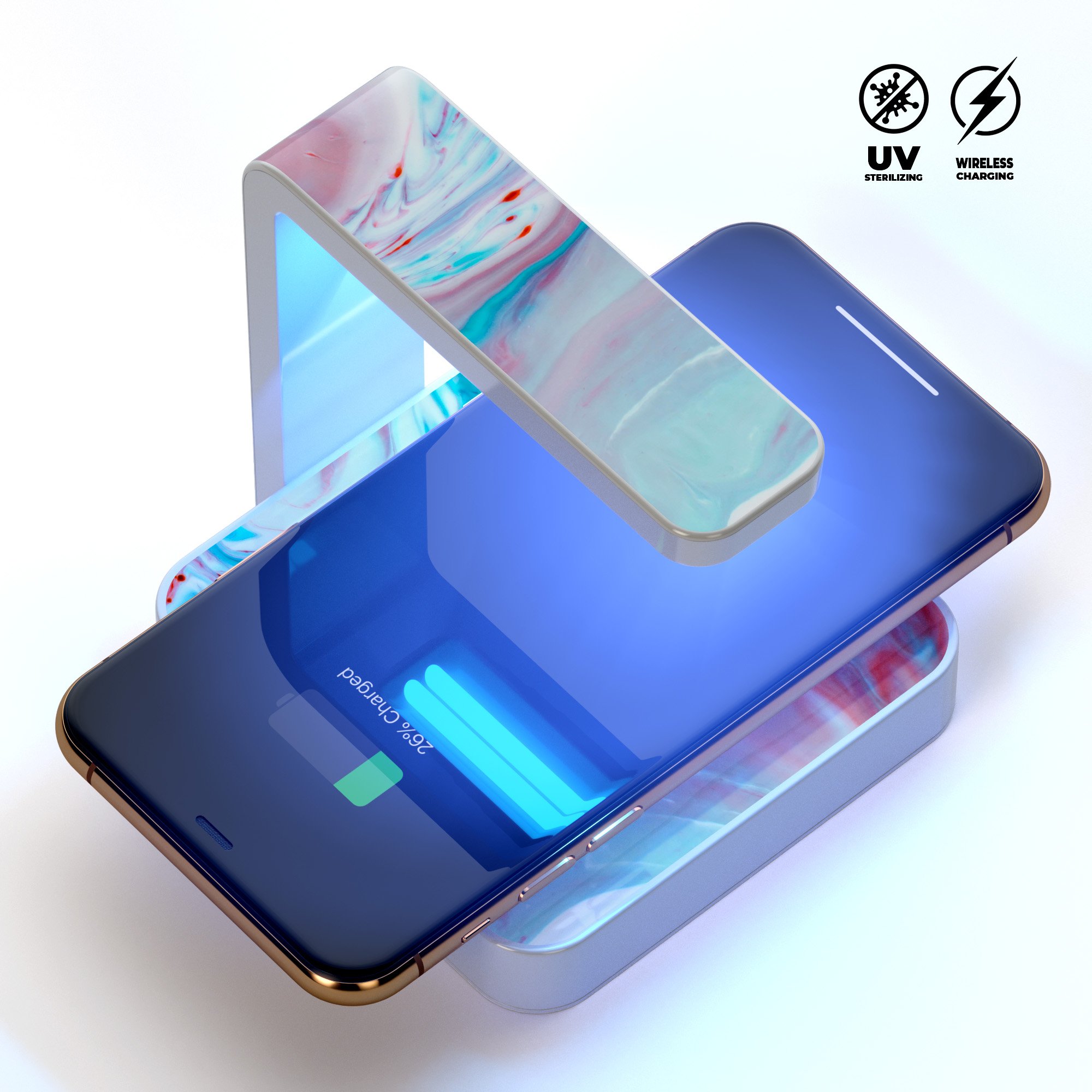 Marbleized Teal and Pink V2 UV Germicidal Sanitizing Sterilizing charger with wireless charging capabilities and decorative skin.