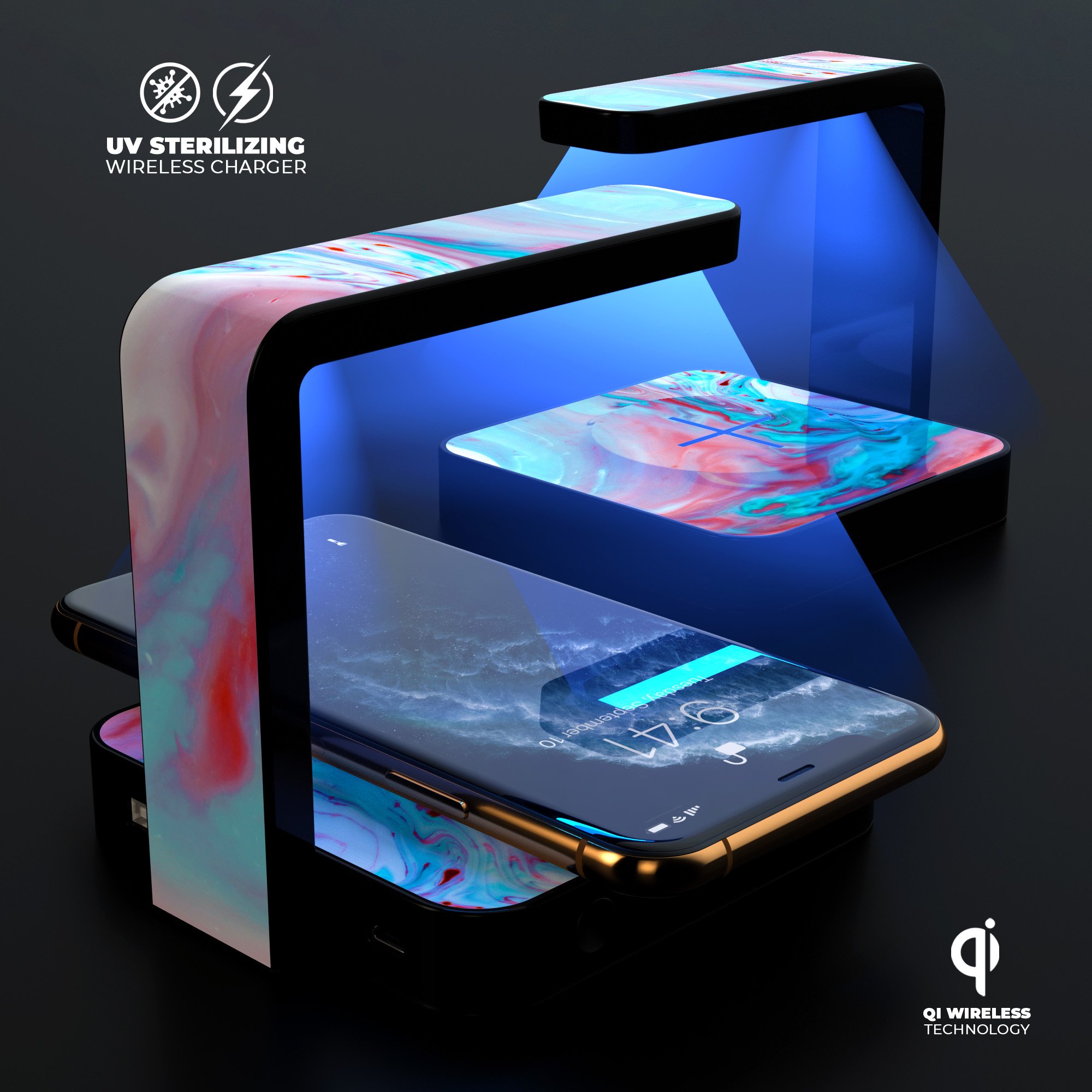 Marbleized Teal and Pink V2 UV Germicidal Sanitizing Sterilizing charger with wireless charging capabilities and decorative skin.