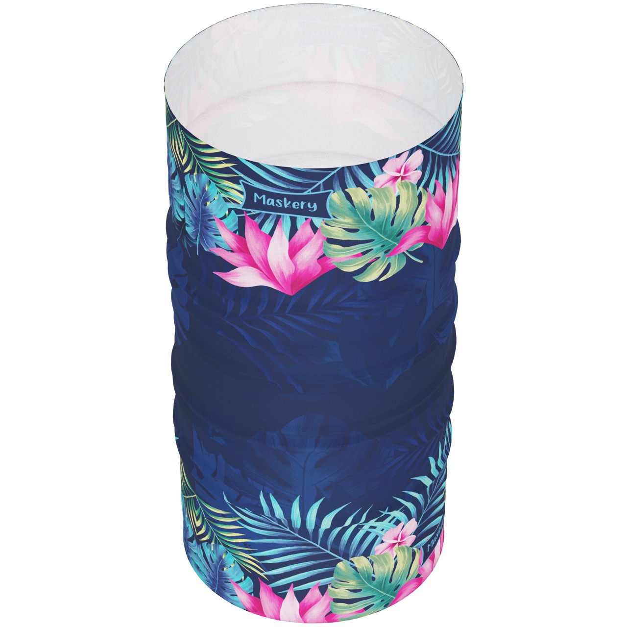 Maskery Multifunctional Neckwear displayed in various colors and styles, showcasing its versatility as a neck gaiter, face mask, and headband.