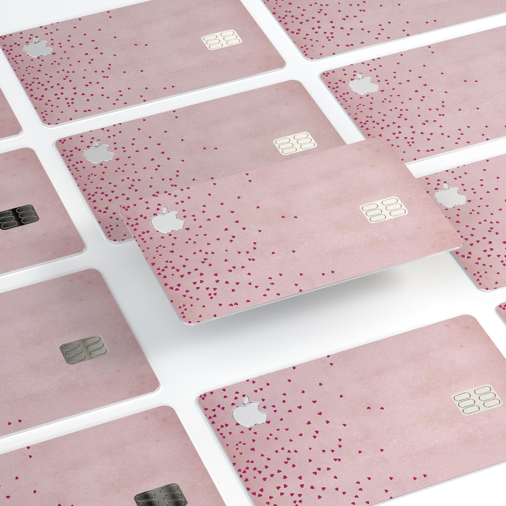 Mauve hearts over pale pink watercolor decal for Apple Card, showcasing a stylish design and premium quality.