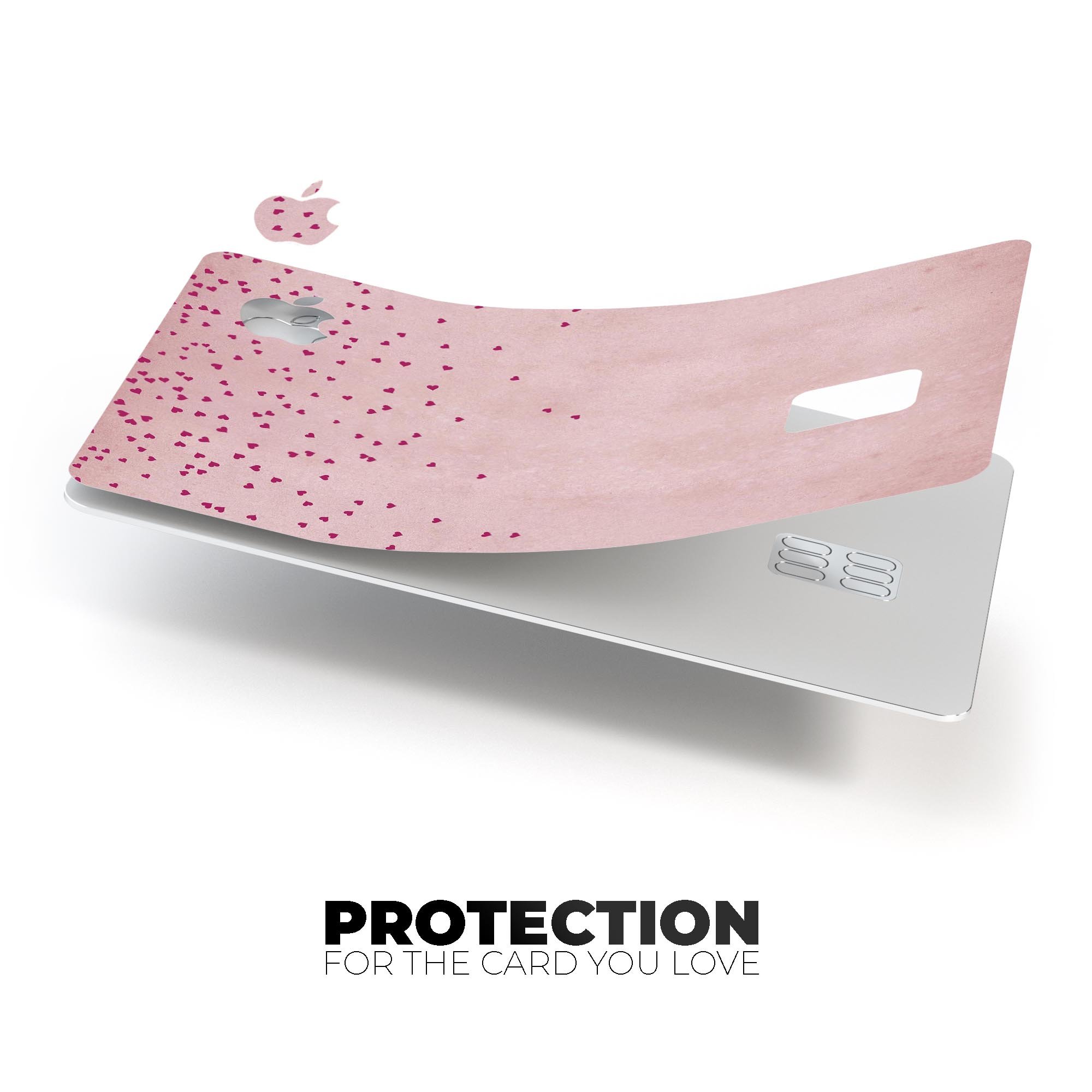 Mauve hearts over pale pink watercolor decal for Apple Card, showcasing a stylish design and premium quality.
