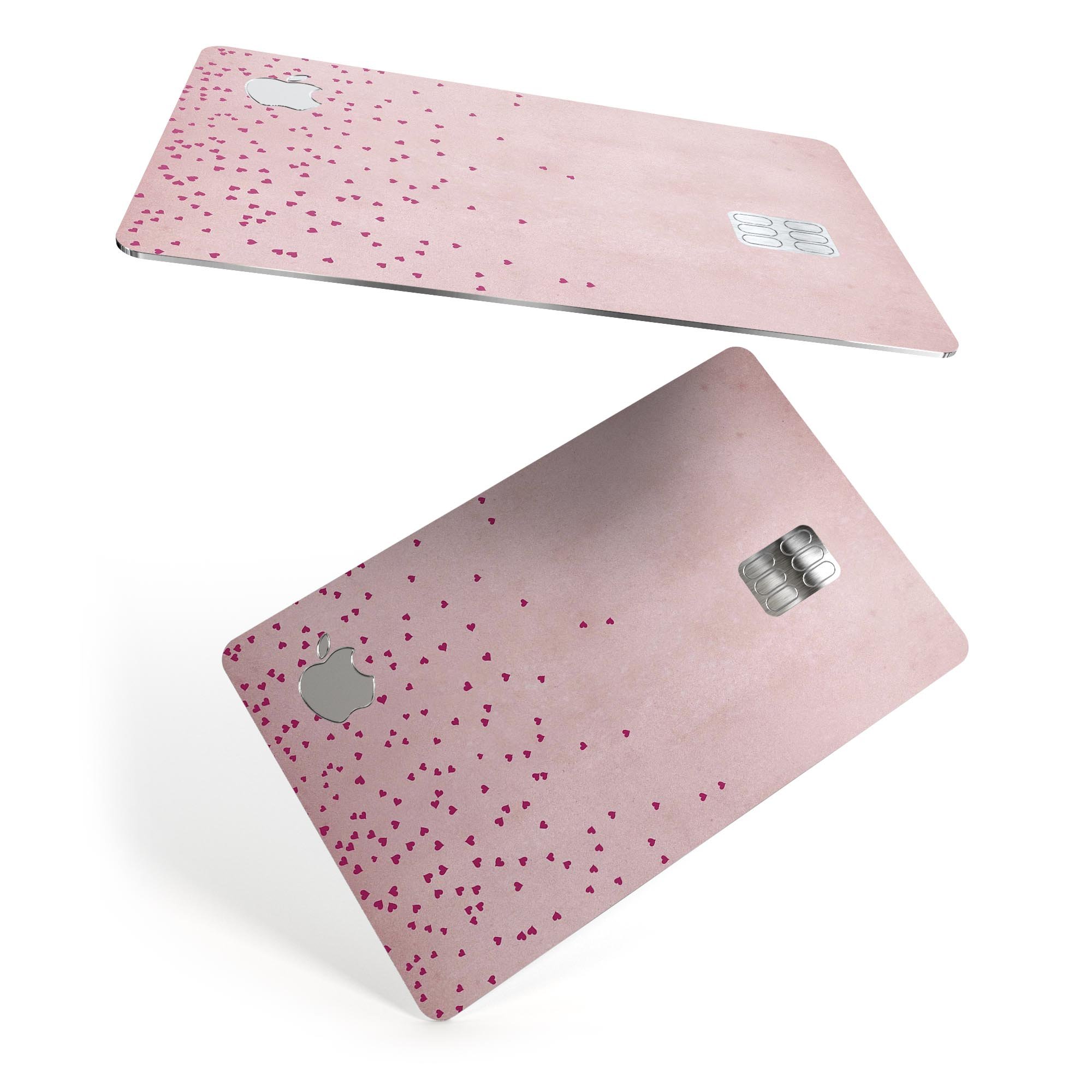 Mauve hearts over pale pink watercolor decal for Apple Card, showcasing a stylish design and premium quality.