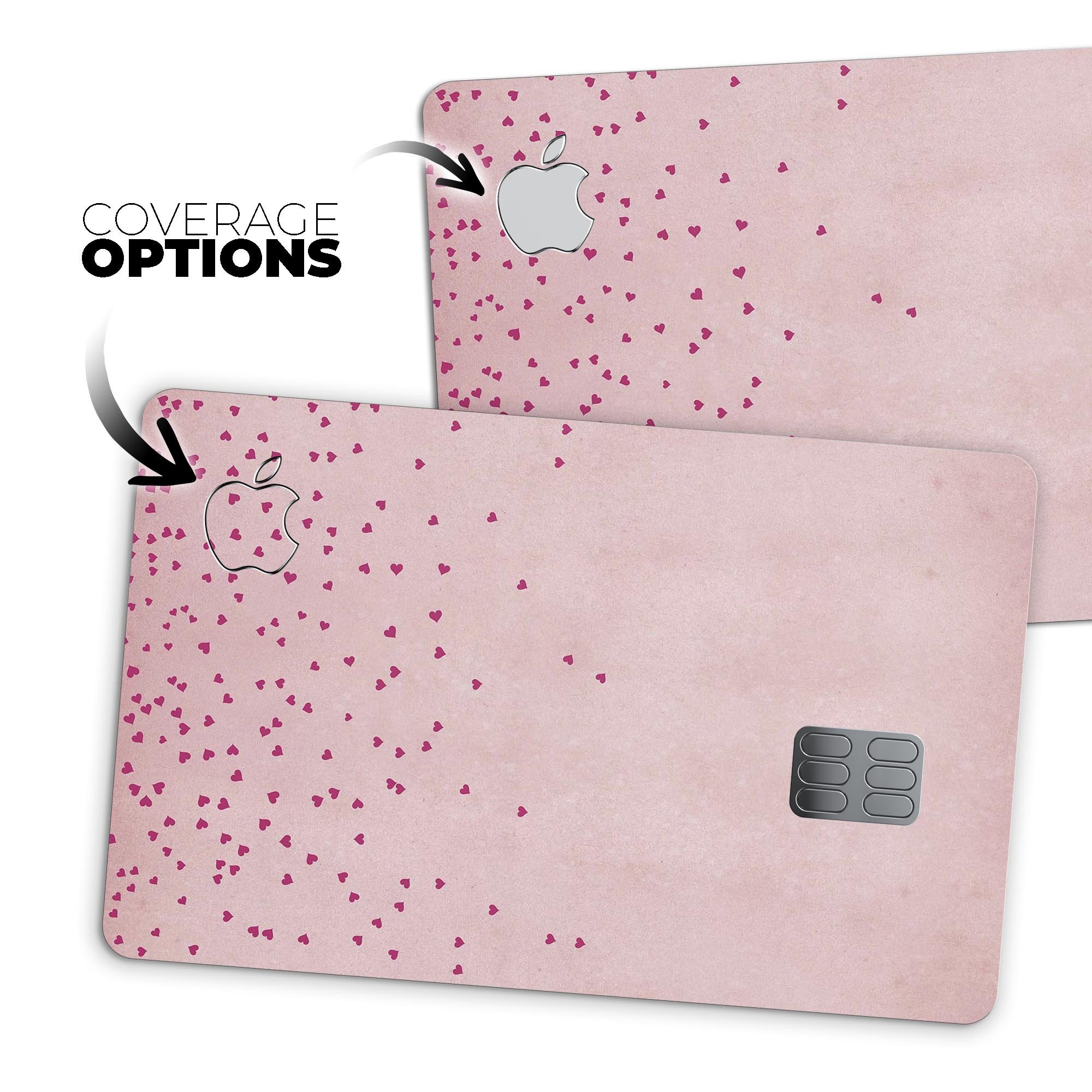 Mauve hearts over pale pink watercolor decal for Apple Card, showcasing a stylish design and premium quality.