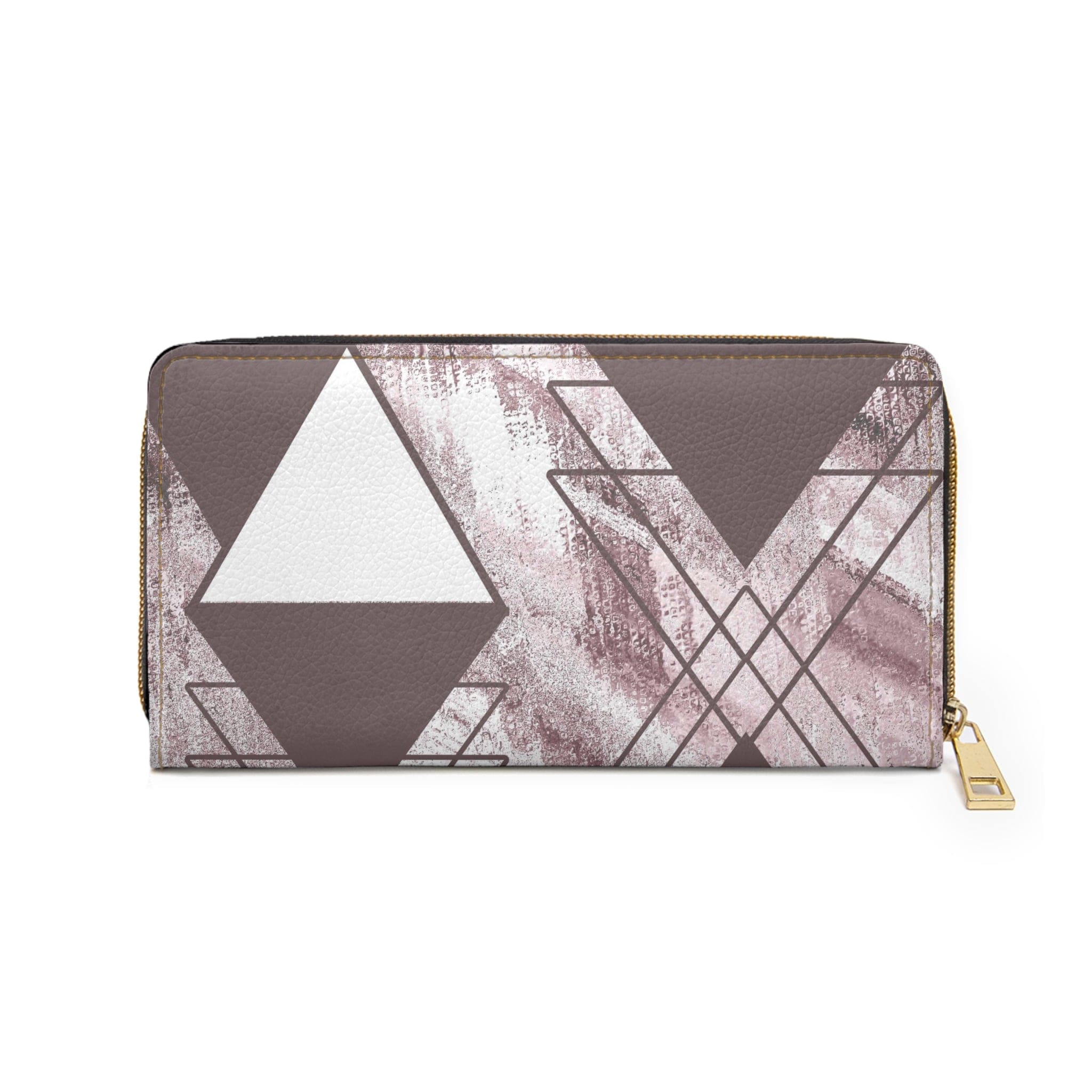 Mauve rose and white triangular colorblock women's zipper wallet clutch showcasing its stylish design and functional compartments.