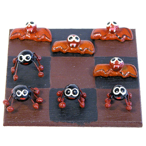 Handmade Mayan Tic Tac Toe Game featuring bat and spider figurines on a colorful hand-painted board.