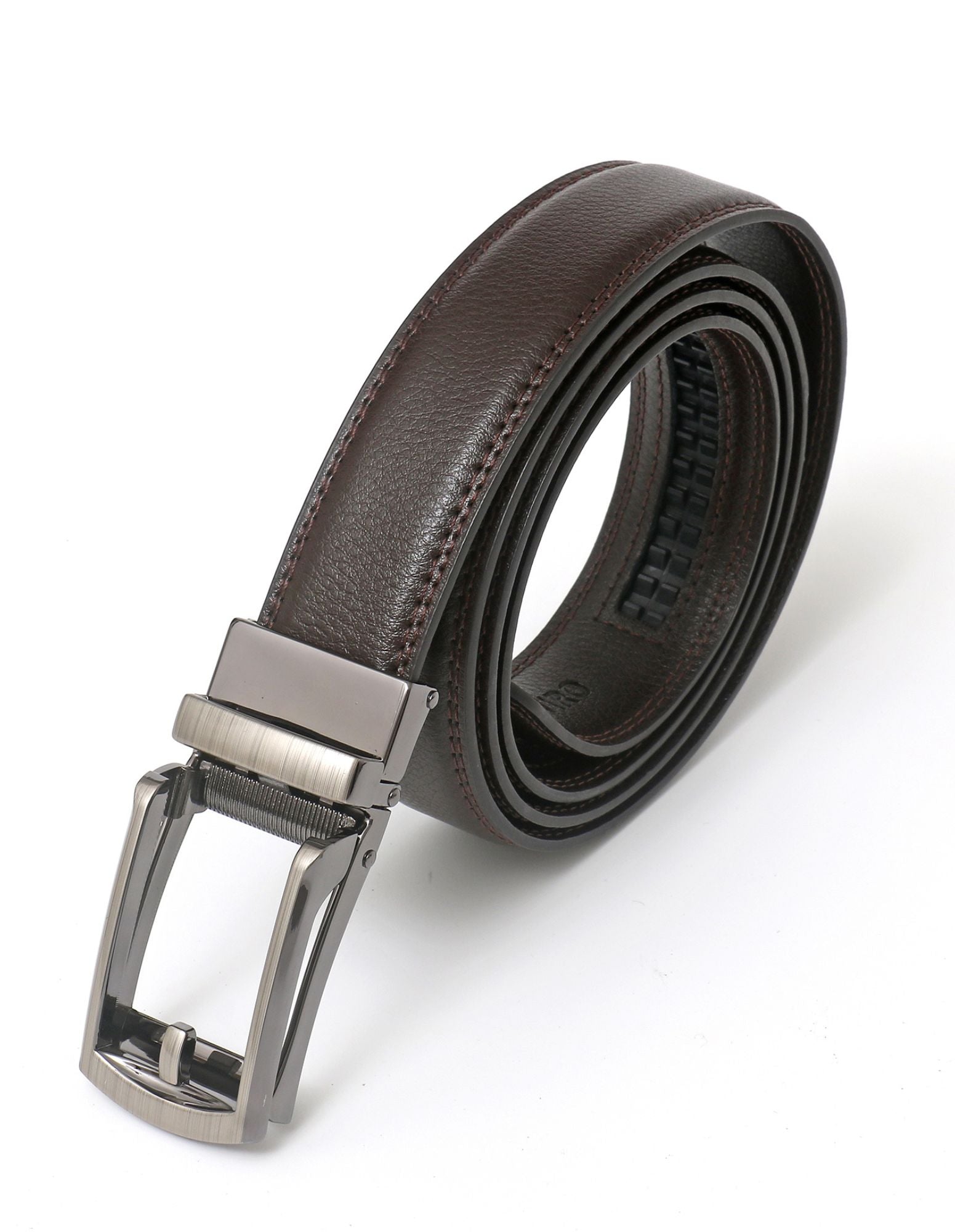 MAYFIELD No Hole Unisex Belt in Brown, showcasing its sleek design and vegan leather material.