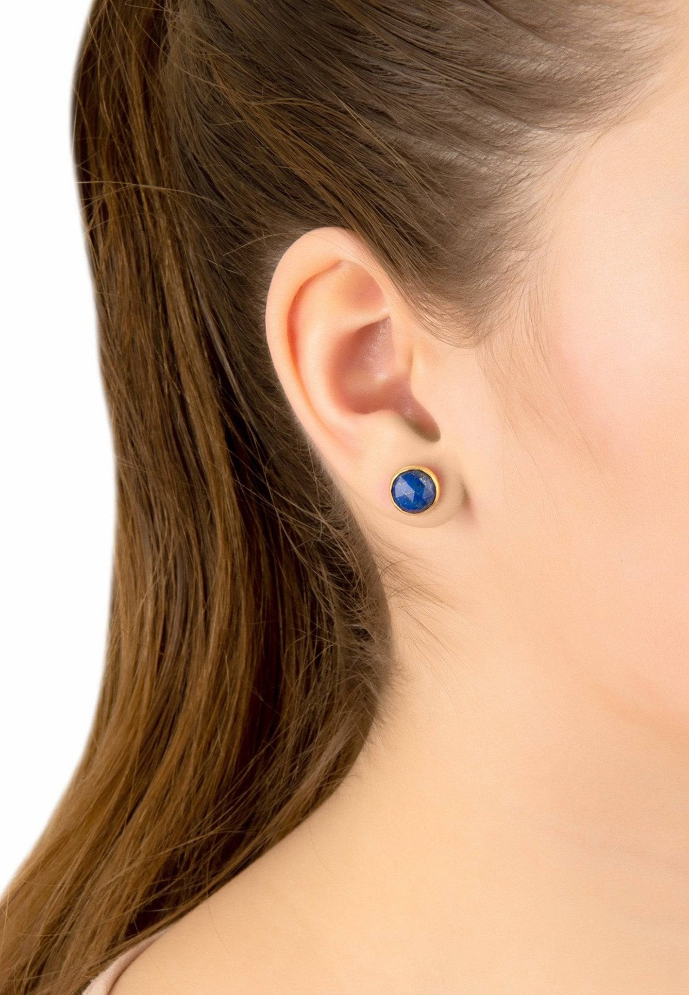 Elegant Medium Circle Gemstone Earrings featuring natural gold lapis lazuli stones set in sterling silver, perfect for everyday wear.